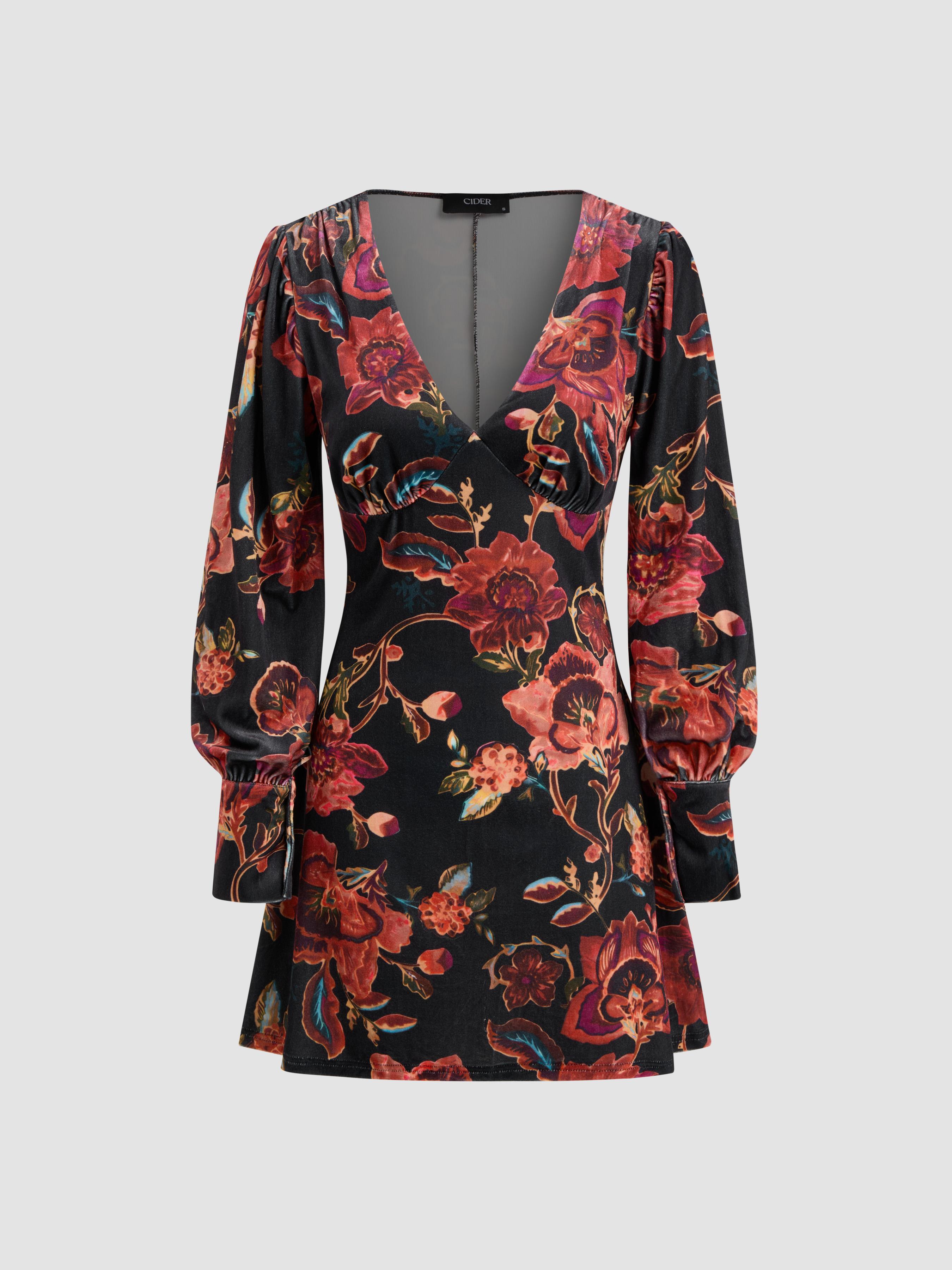 Velvet V-neck Floral Mini Dress by CIDER