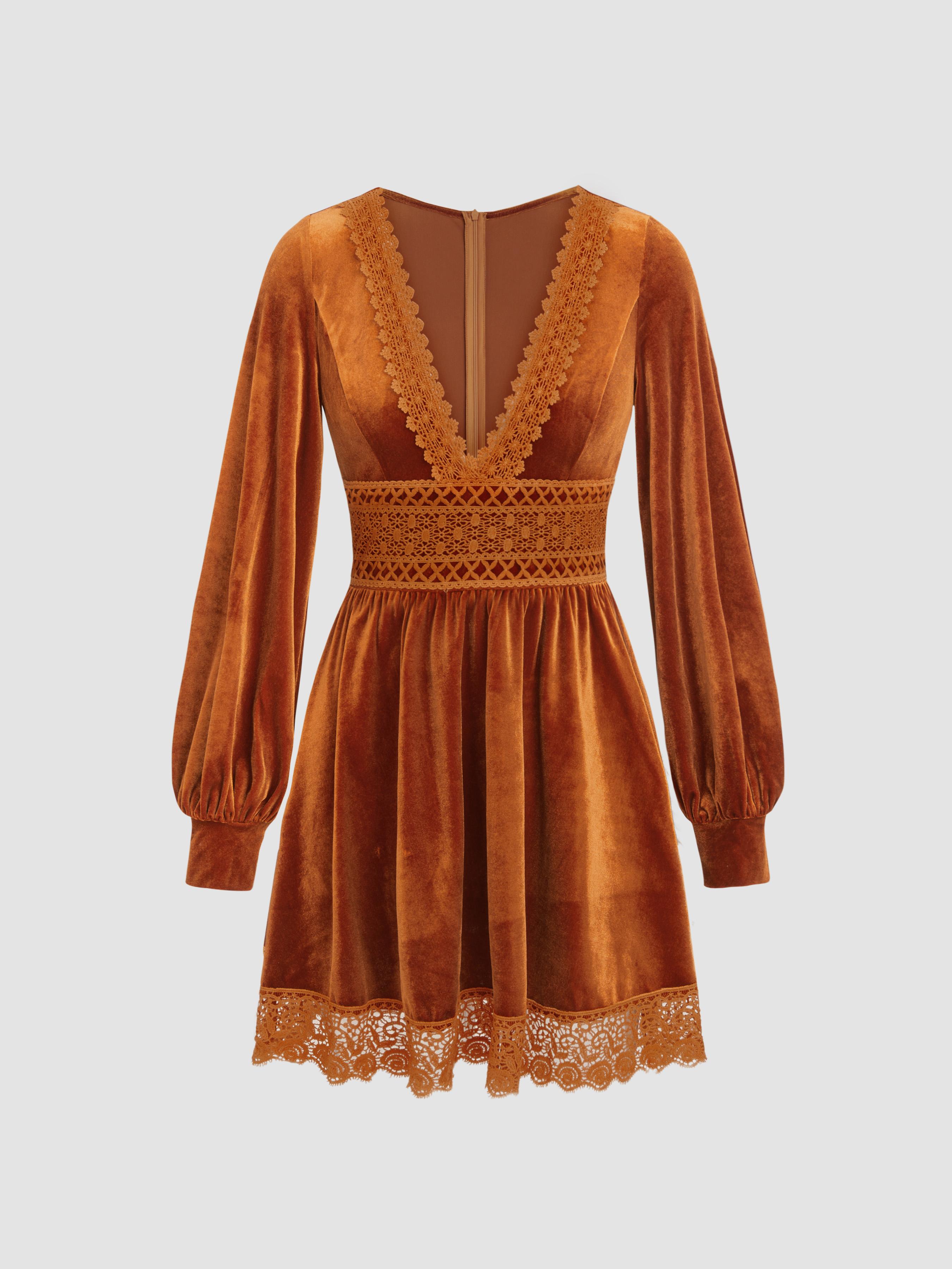 Velvet V-neck Lace Mini Dress by CIDER