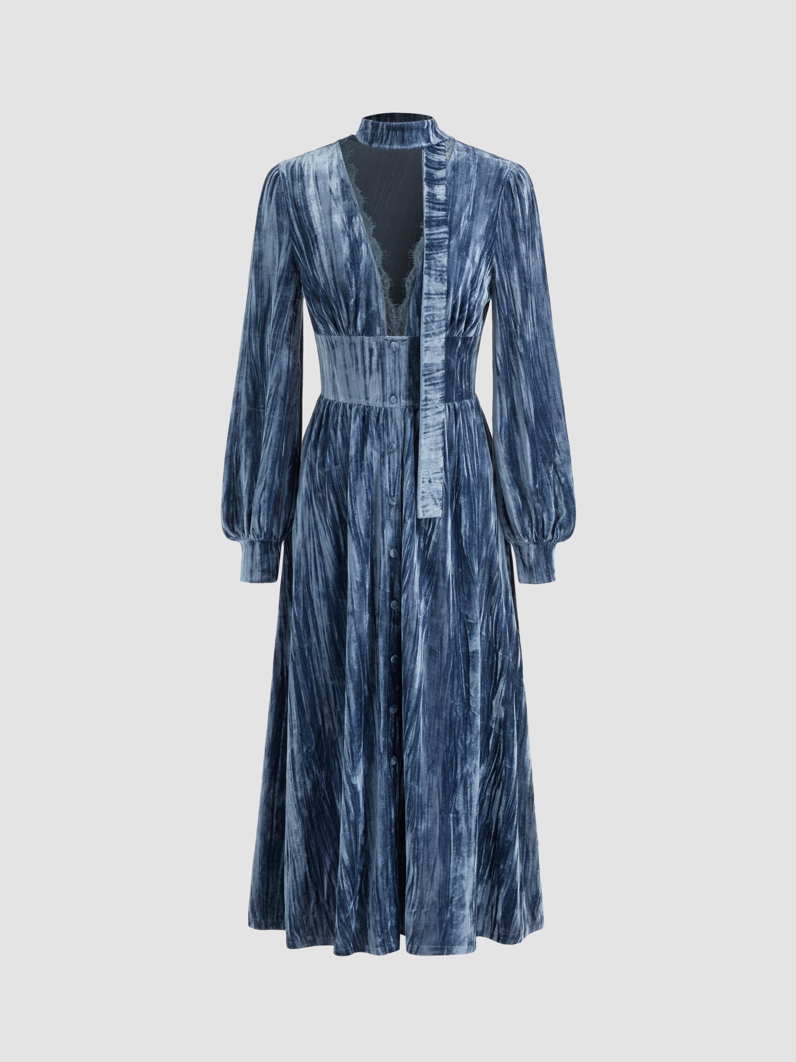 Velvet V-neck Lace Trim Maxi Dress With Scarf by CIDER
