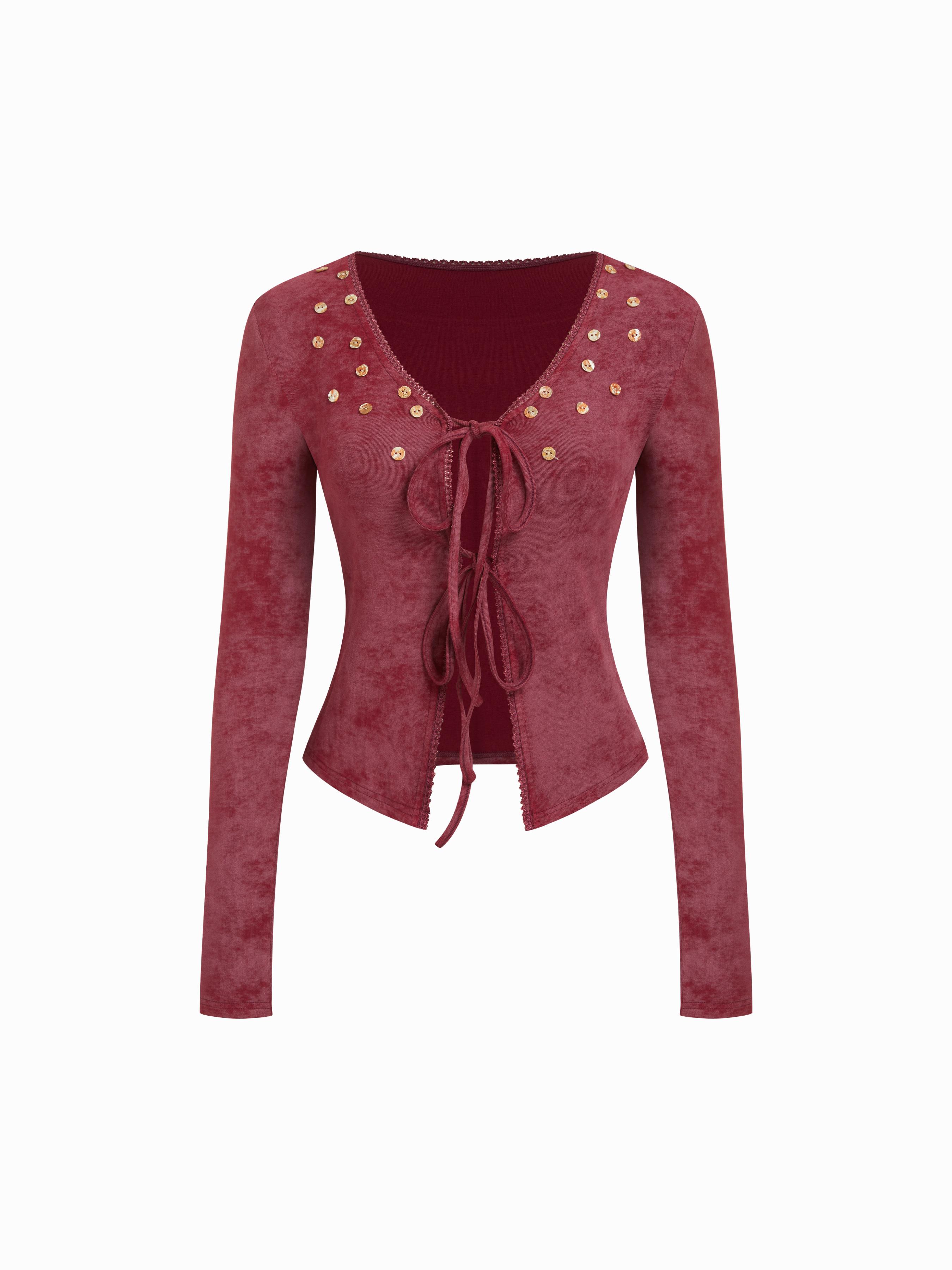 Velvet V-neck Long Sleeve Lace Up Top by CIDER