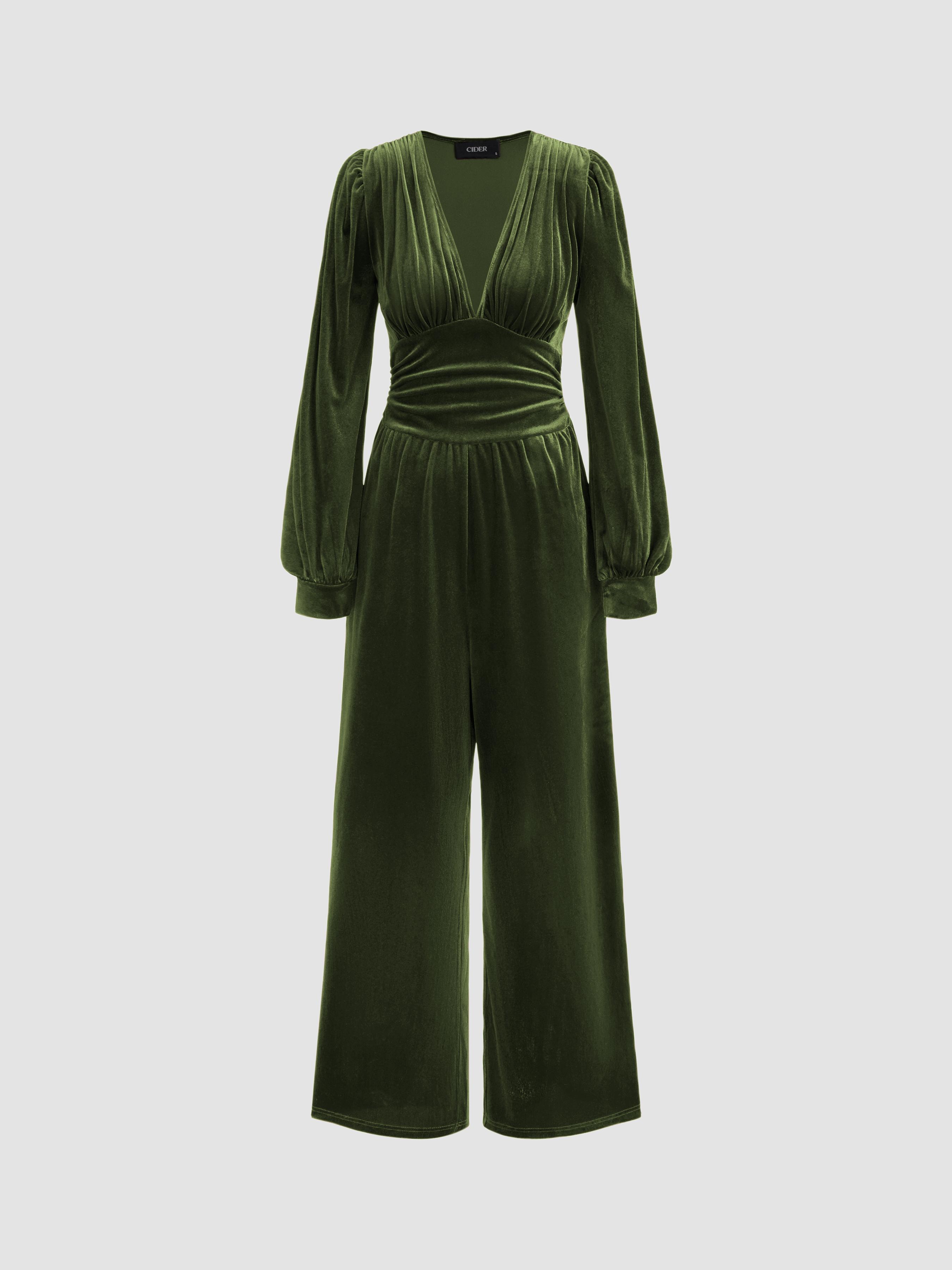 Velvet V-neck Solid Ruched Pocket Wide Leg Jumpsuit by CIDER