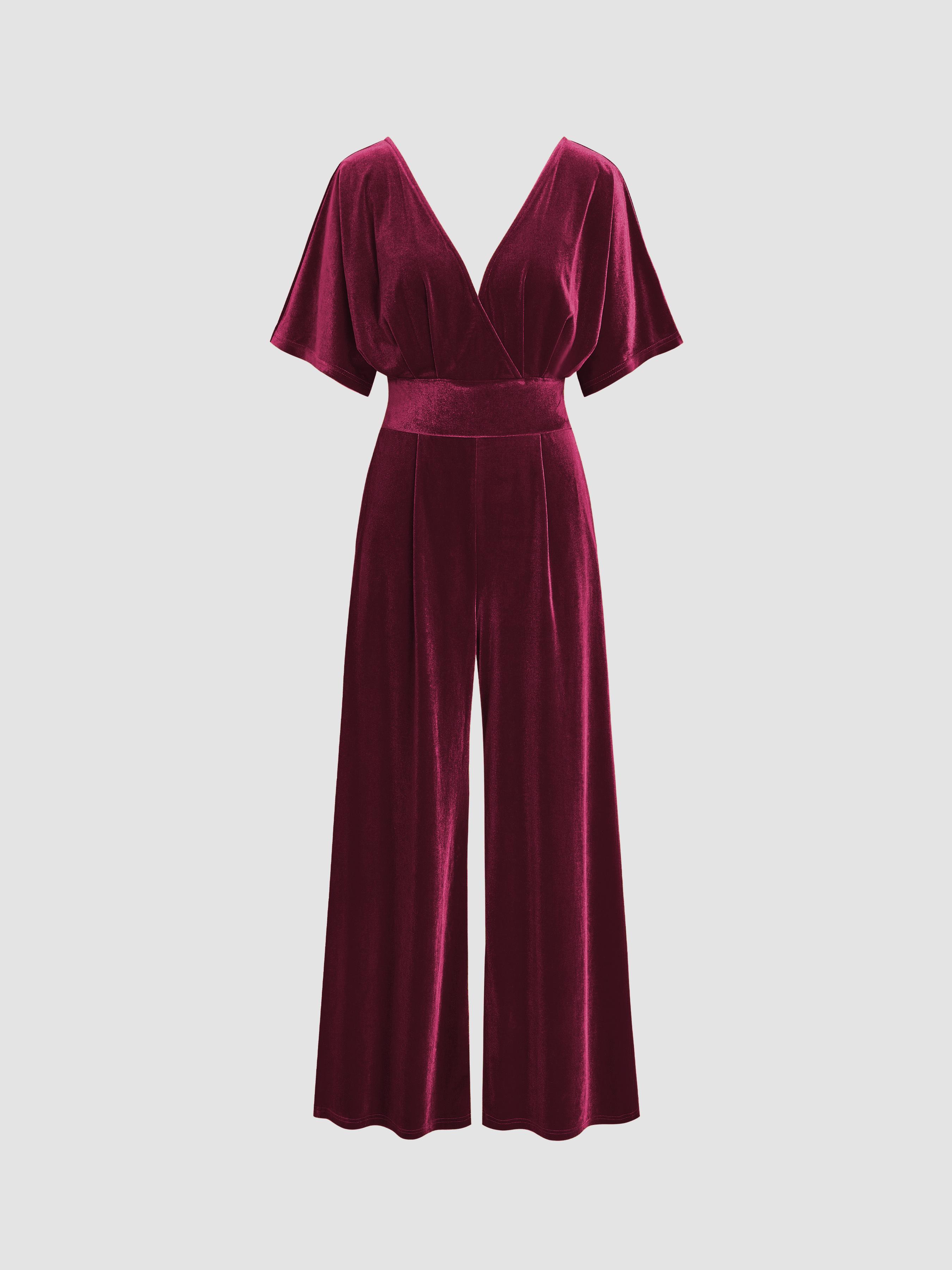 Velvet V-neck Solid Ruffle Jumpsuit by CIDER