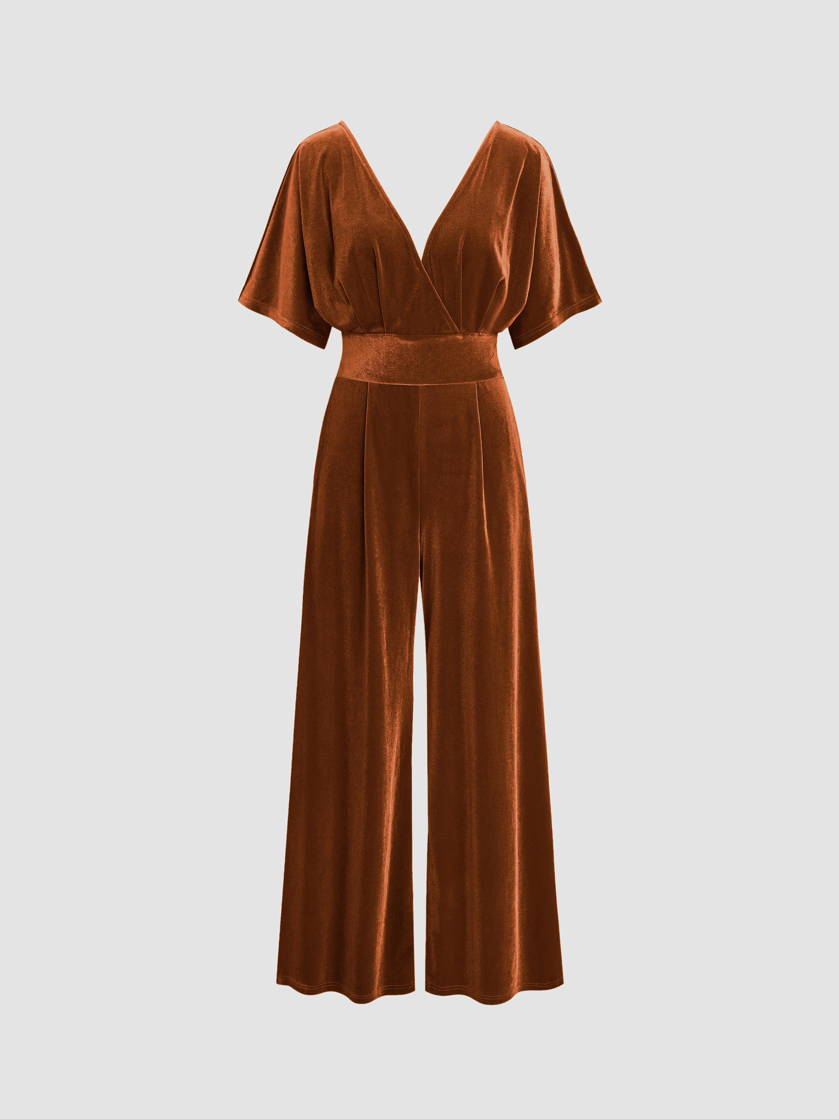 Velvet V-neck Solid Ruffle Jumpsuit by CIDER