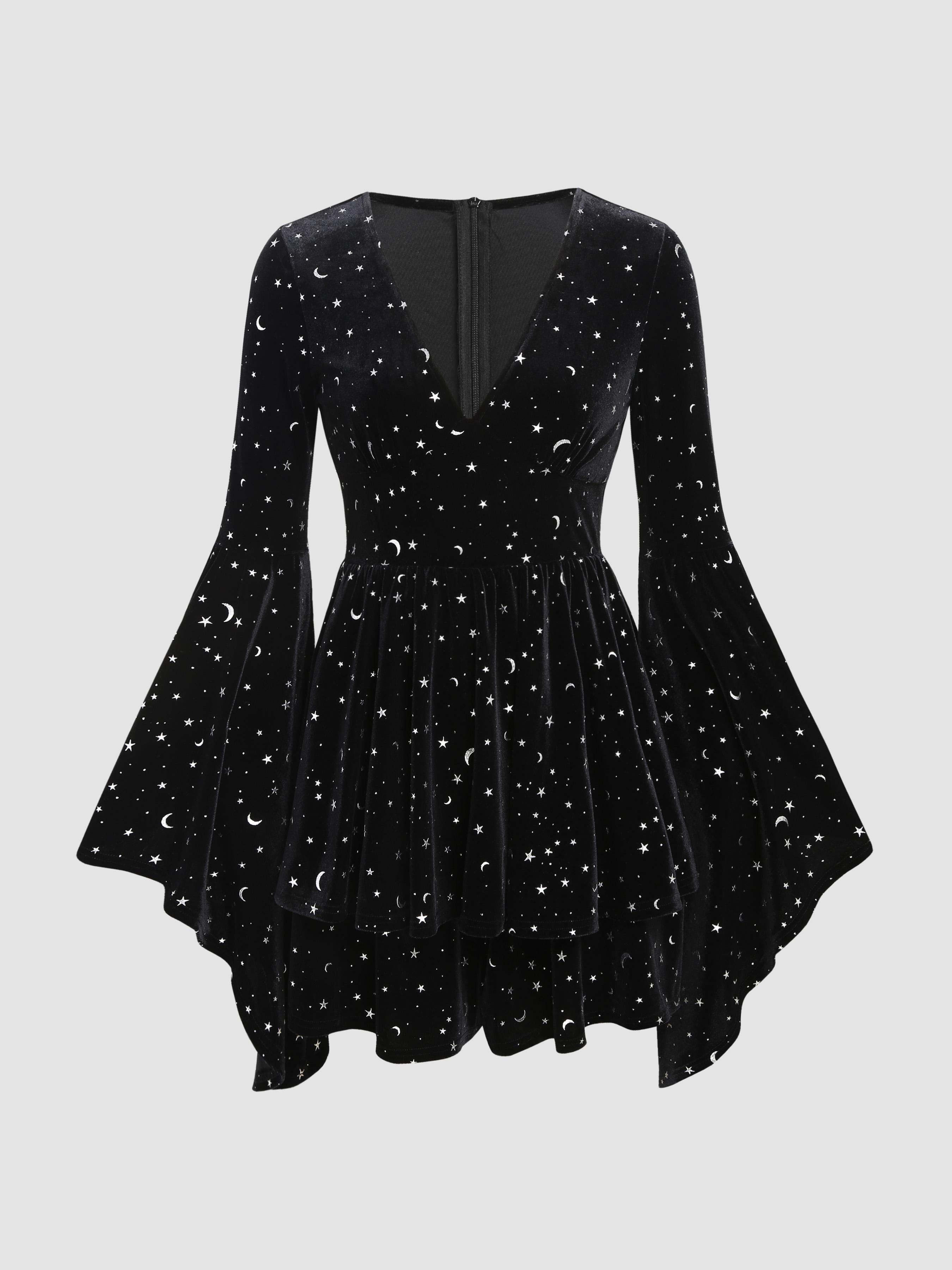 Velvet V-neck Star & Moon Pattern Bell Sleeve Romper by CIDER