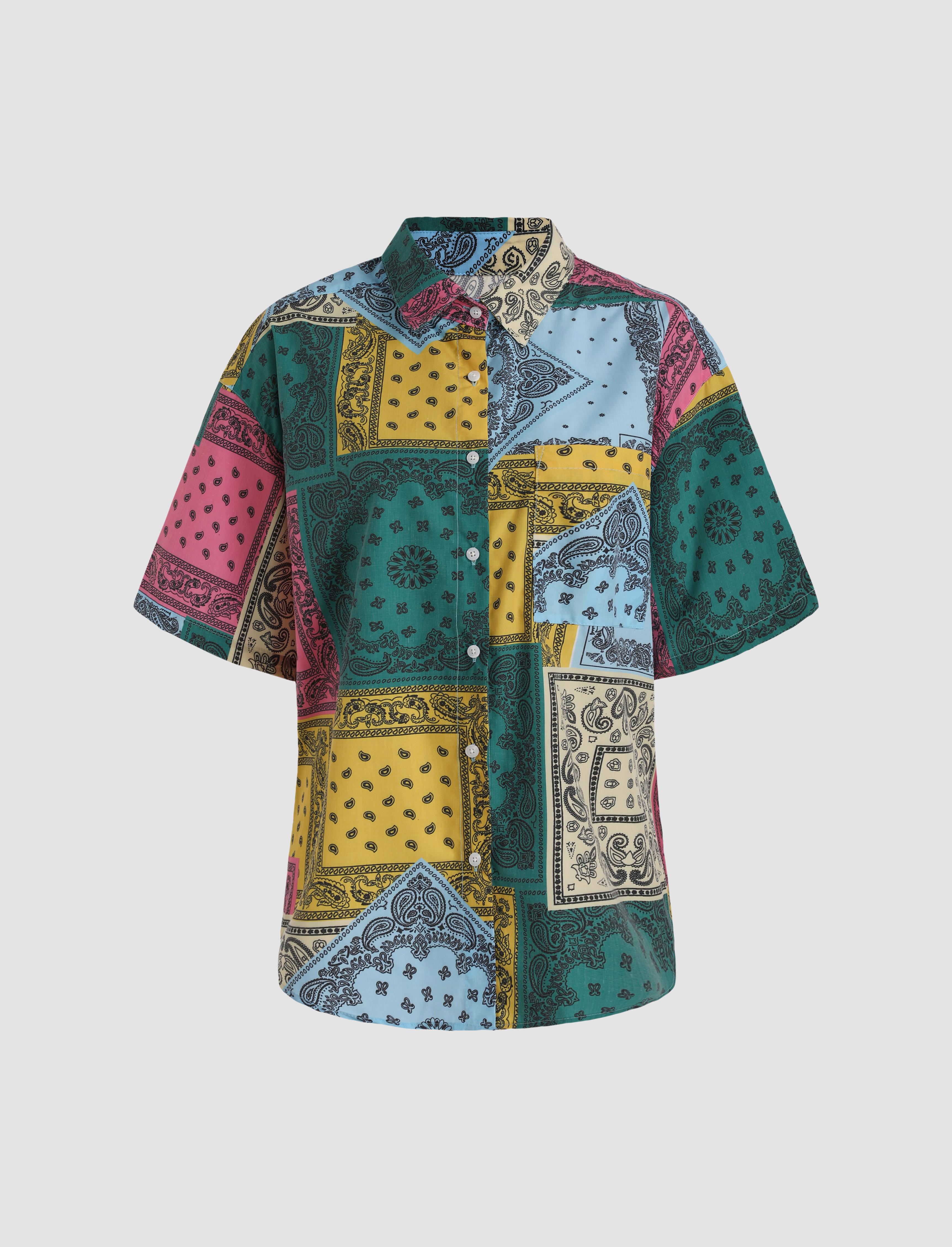 Vibrant Patchwork Paisley Print Oversized Short-Sleeve Button-Down Shirt by CIDER