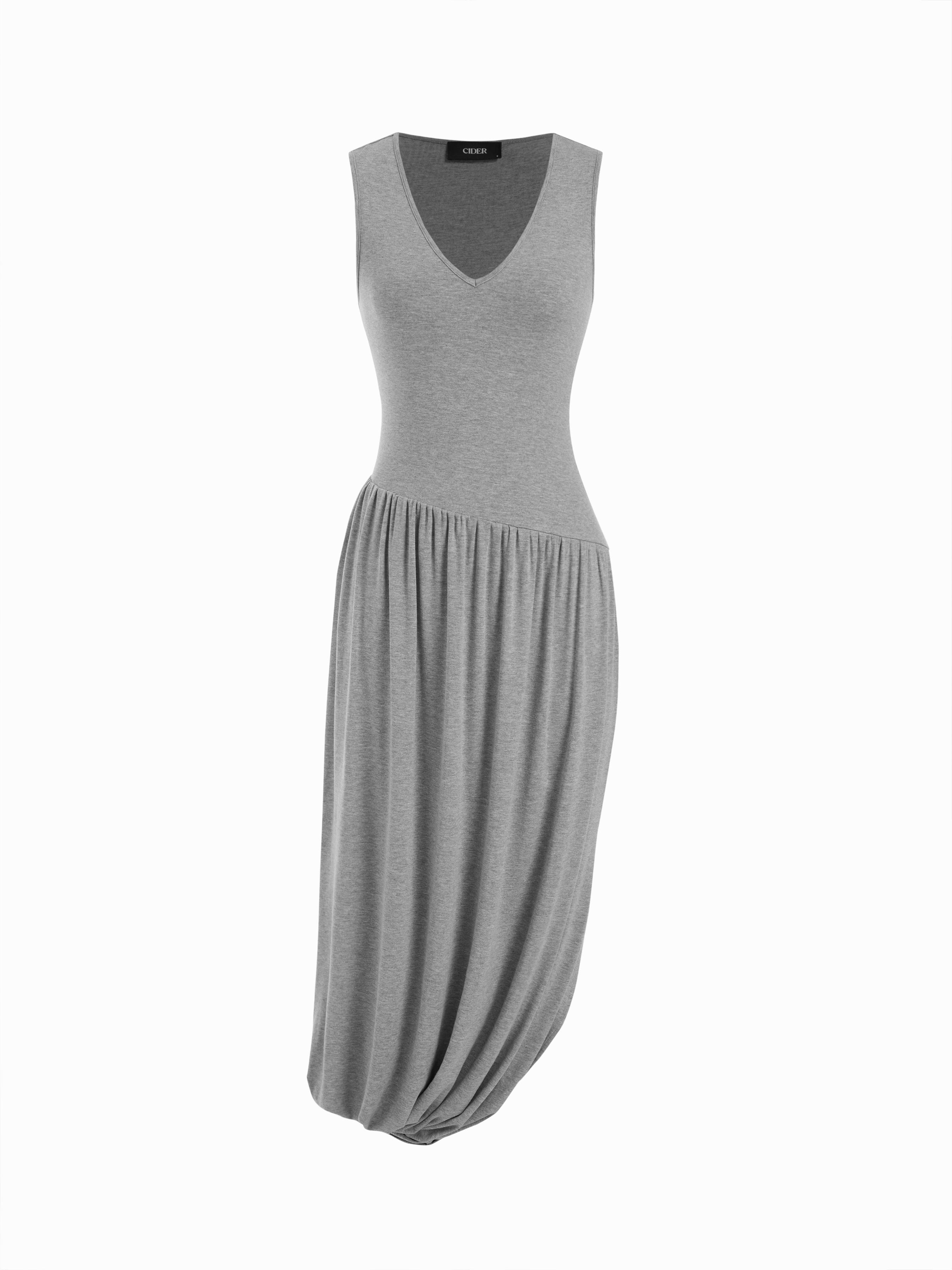 Viscose Blend V-neck Draped Bubble Hem Cocoon Midi Dress by CIDER