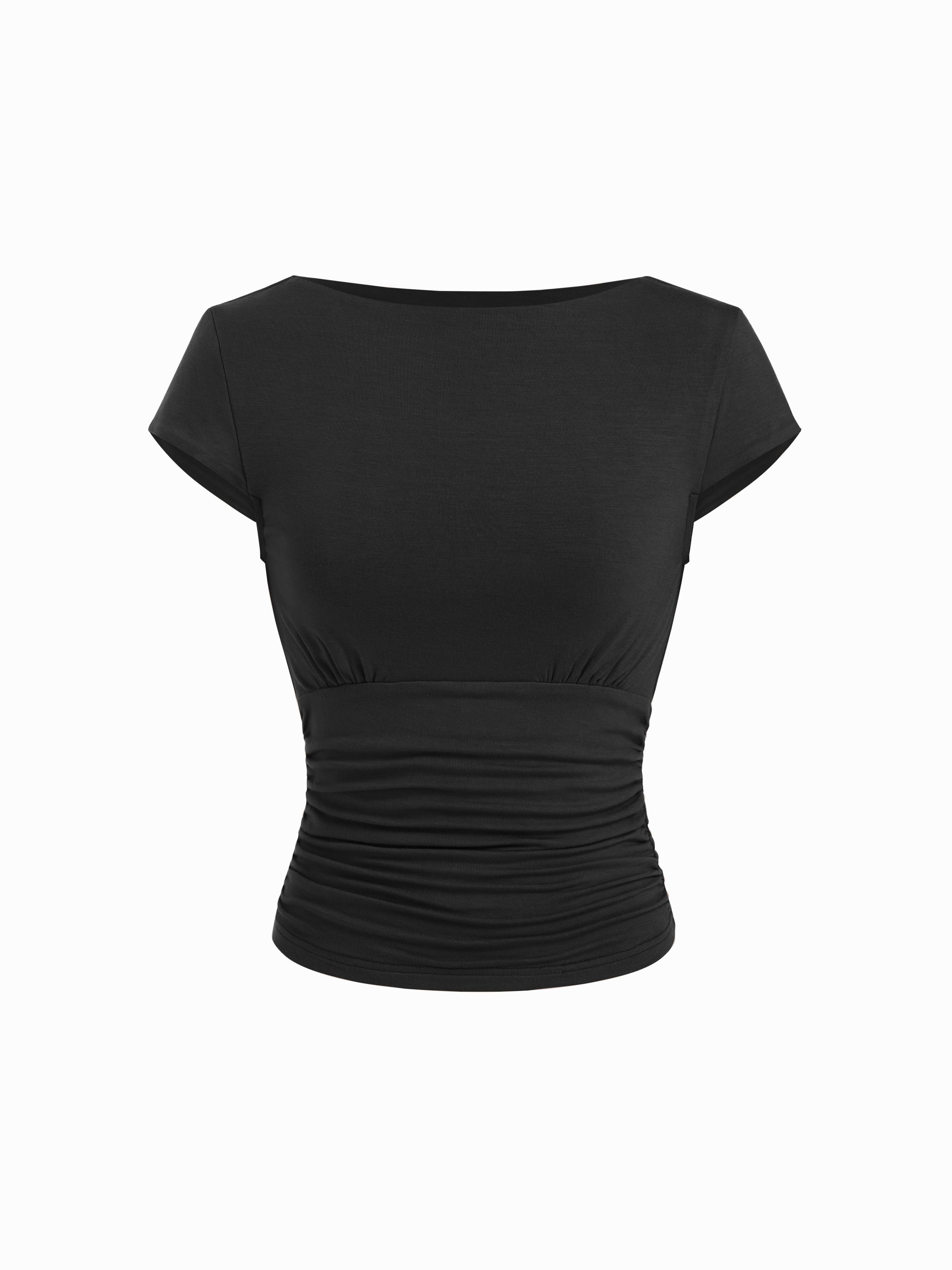 Viscose Boat Neck Ruched Short Sleeve Top by CIDER