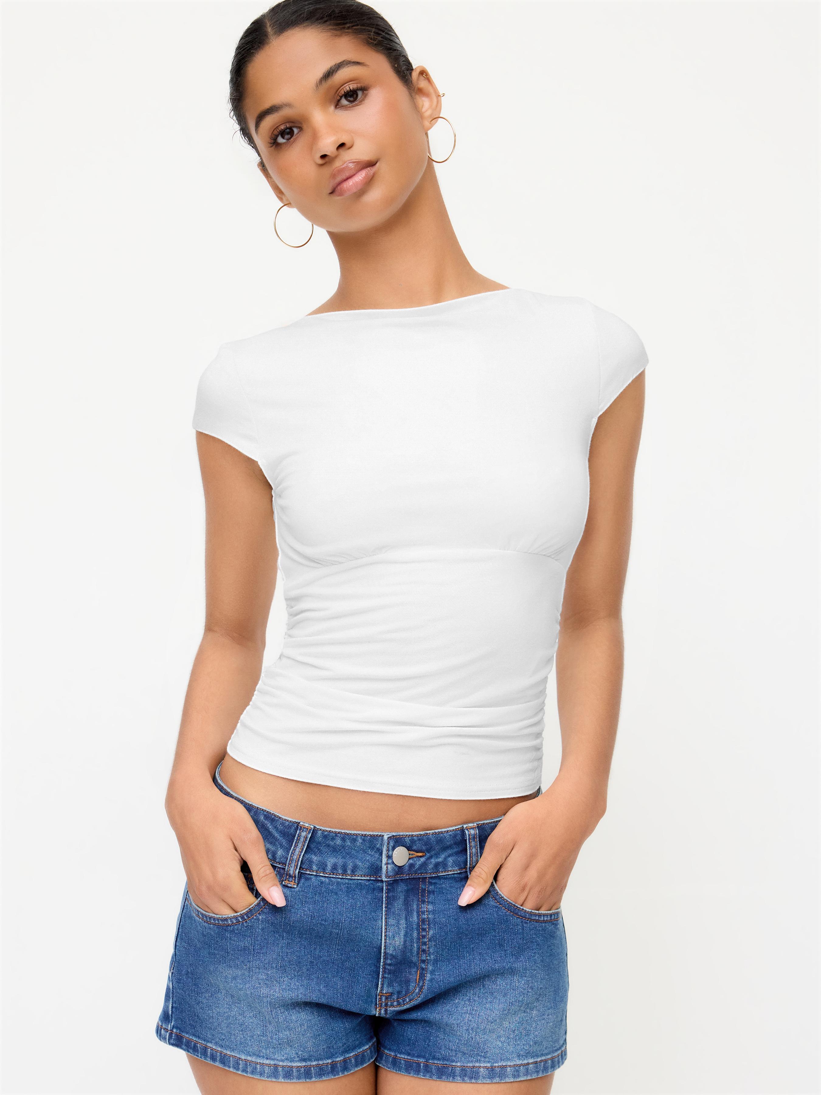 Viscose Boat Neck Ruched Short Sleeve Top by CIDER