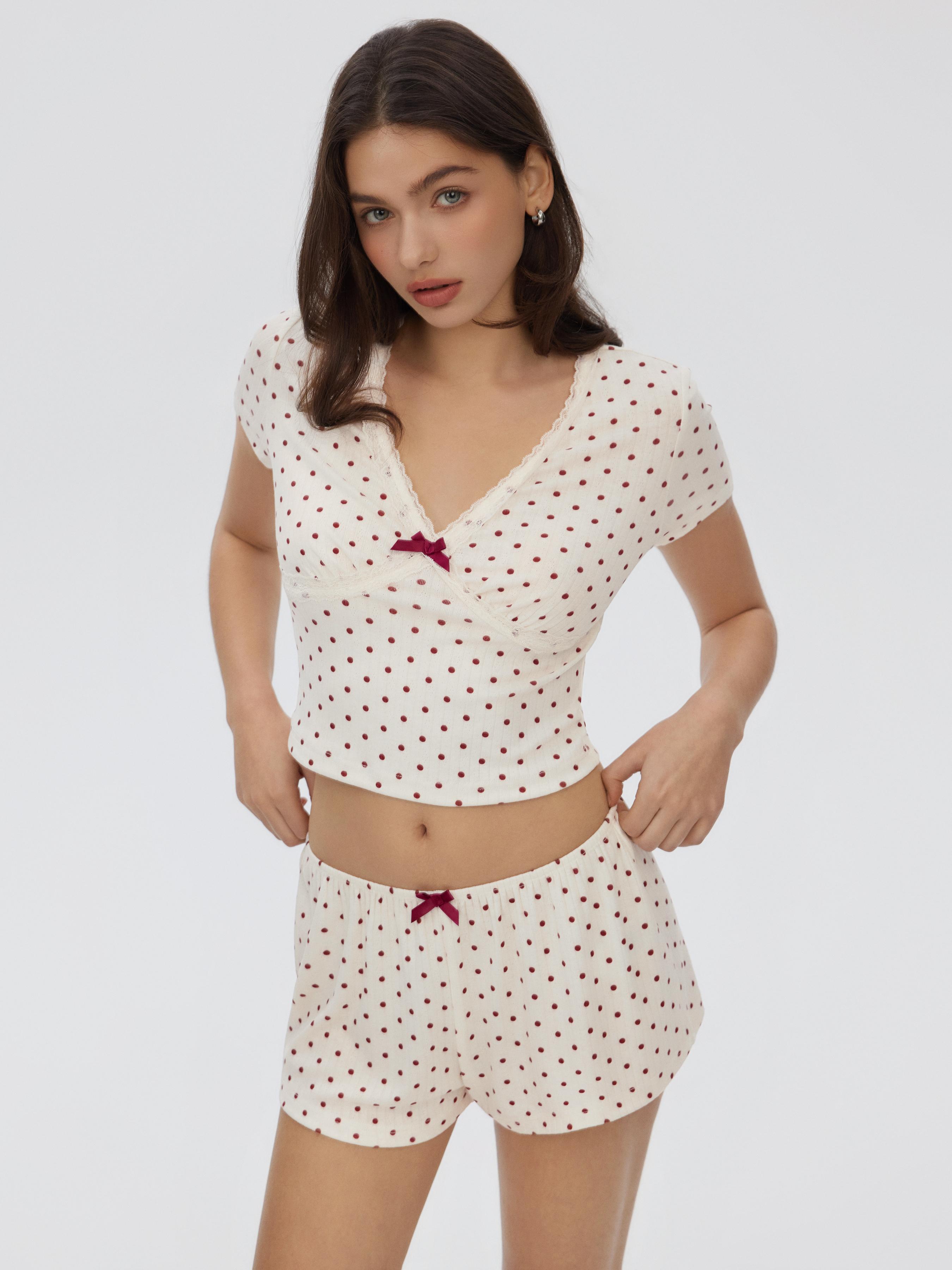 Viscose-blend Polka Dot V-Neck Ruched Crop Top & Elastic Waist Shorts Set by CIDER