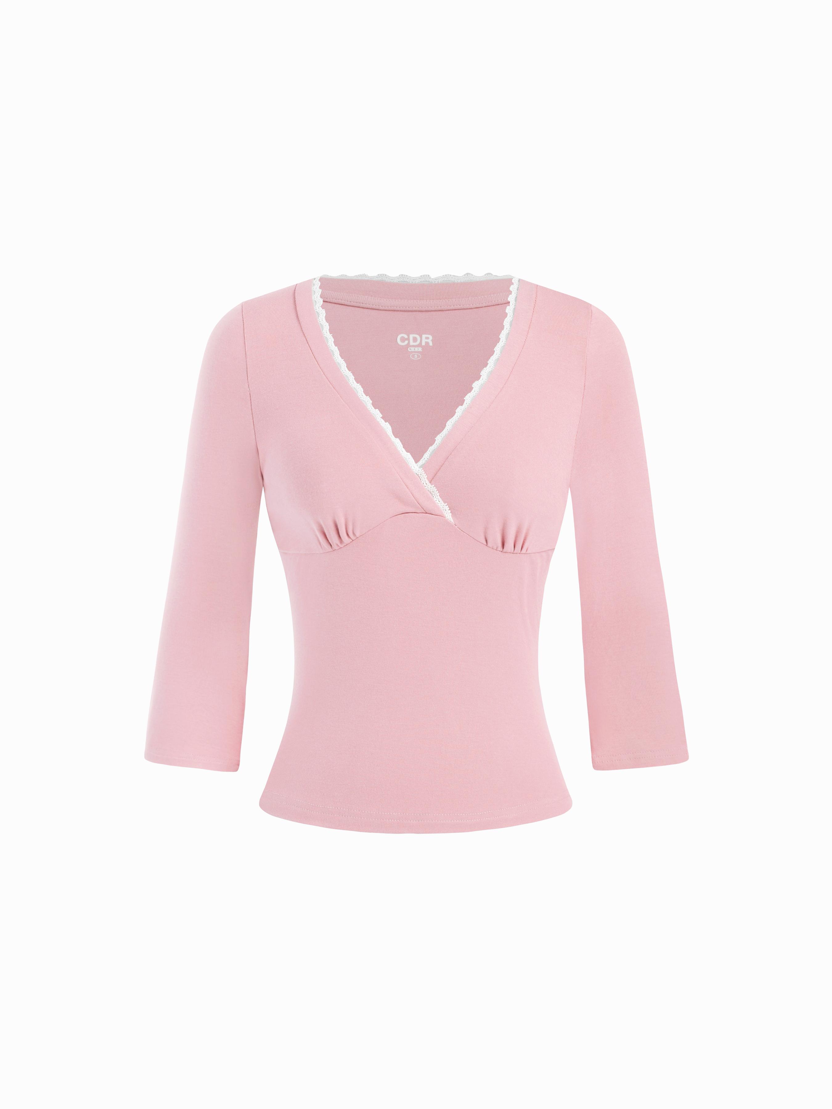 Viscose-blend V-neck Lace Panel Long Sleeve Tee by CIDER