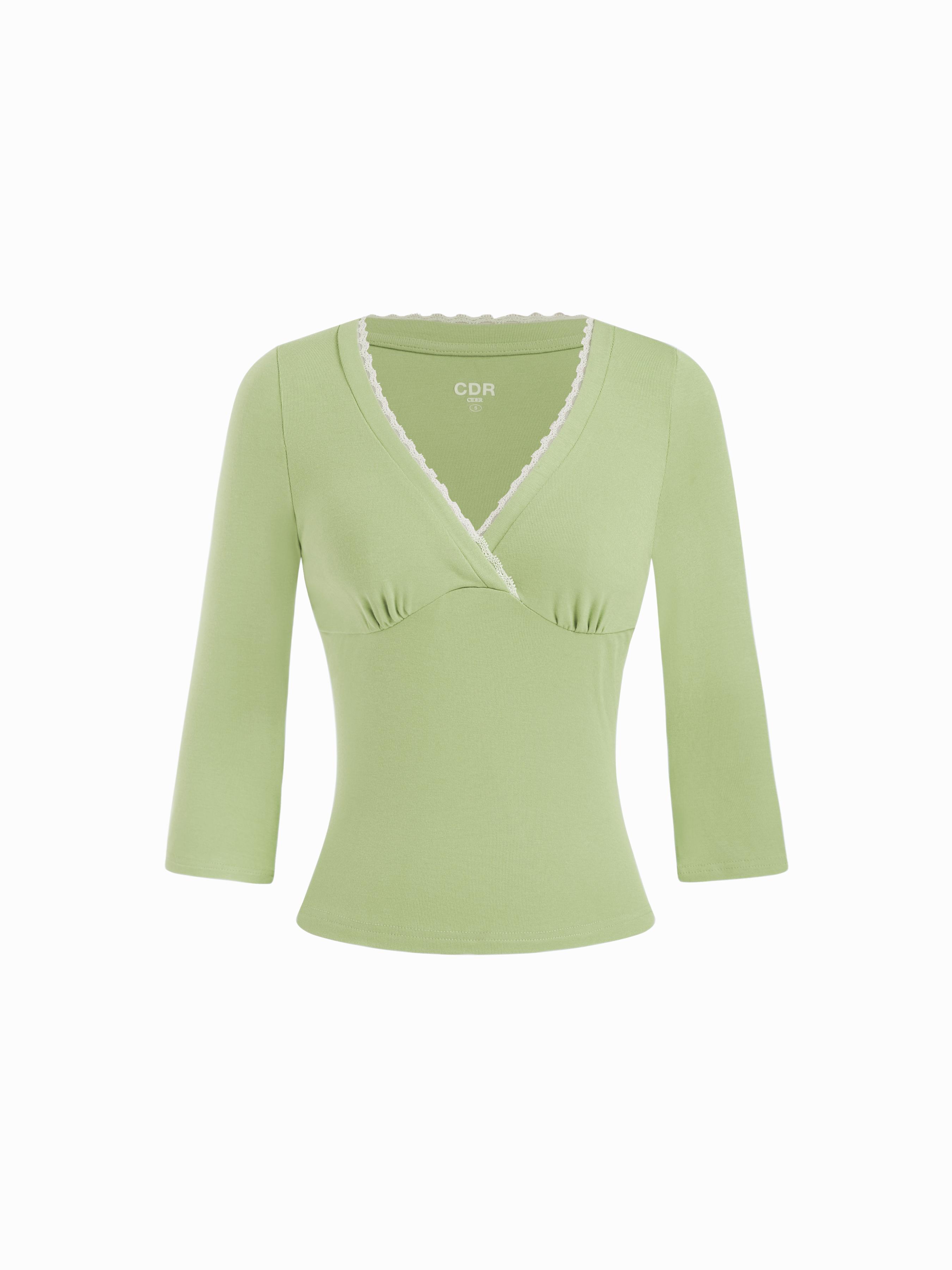 Viscose-blend V-neck Lace Panel Long Sleeve Tee by CIDER