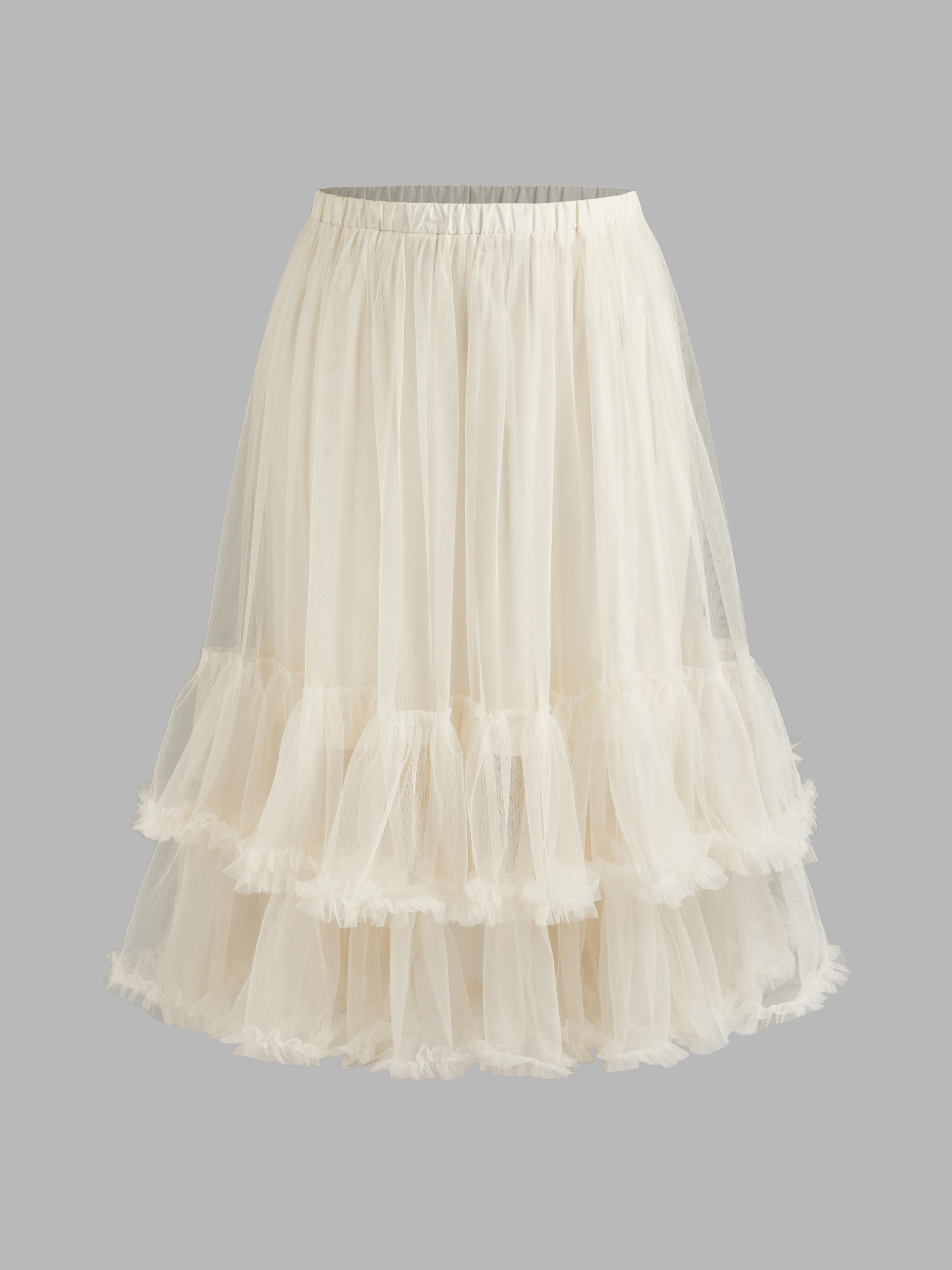Voluminous Mesh Mid Rise Layered Tulle Ruffle Hem Solid Maxi Skirt Curve & Plus by CIDER