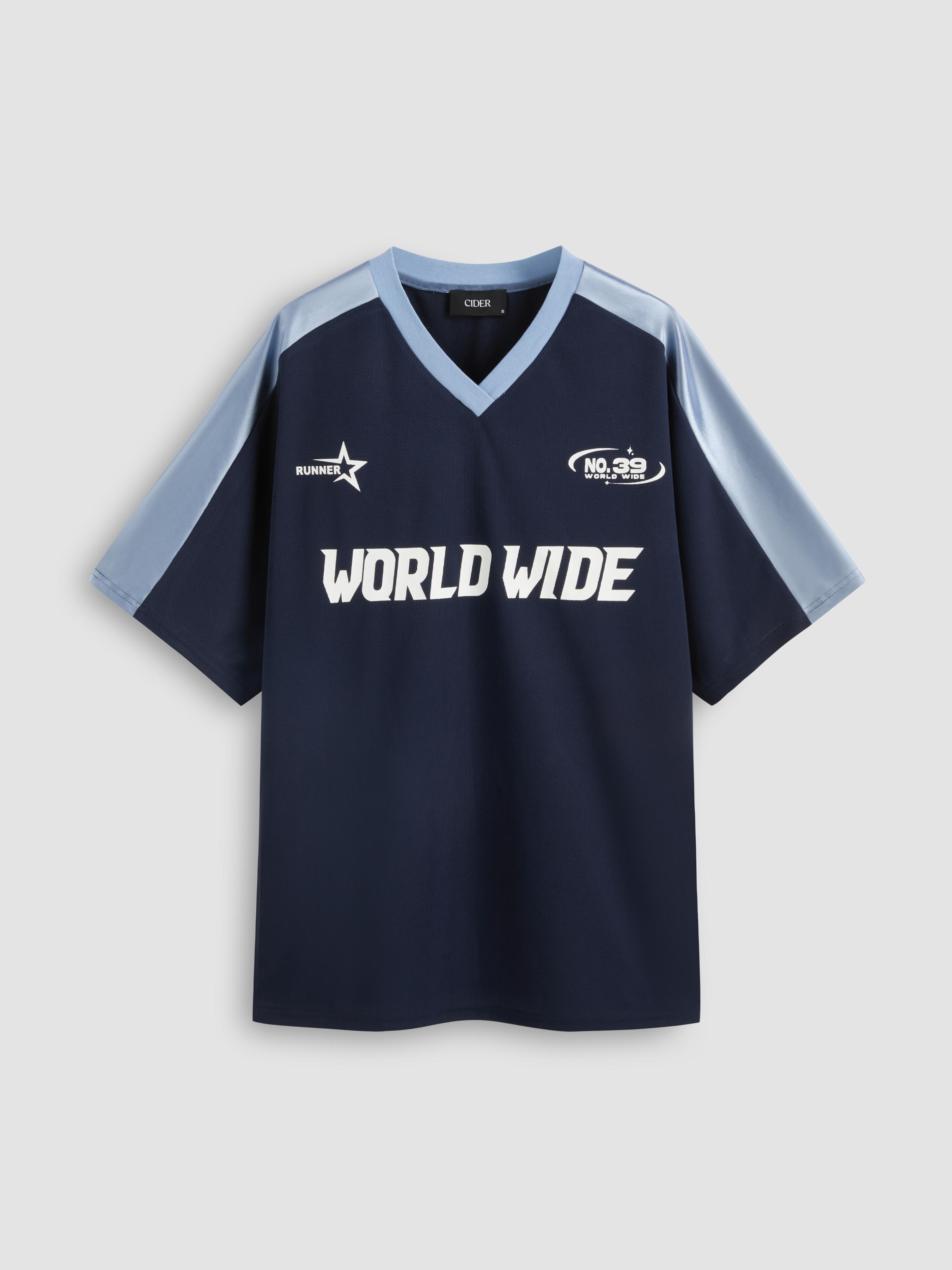WORLD WIDE V-neck Graphic Raglan Tee by CIDER