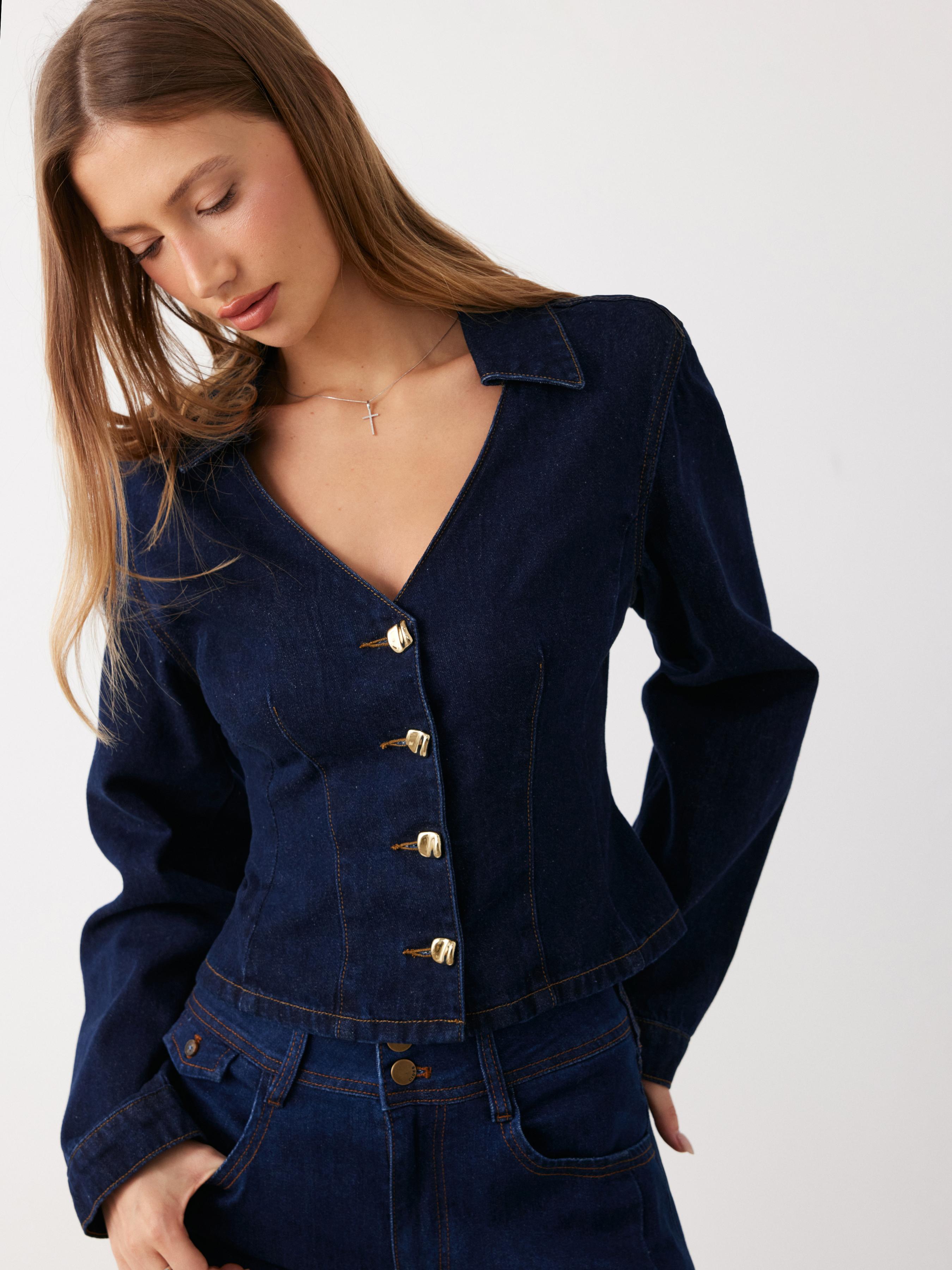 Washed Denim Collar Jacket With Metal Button by CIDER