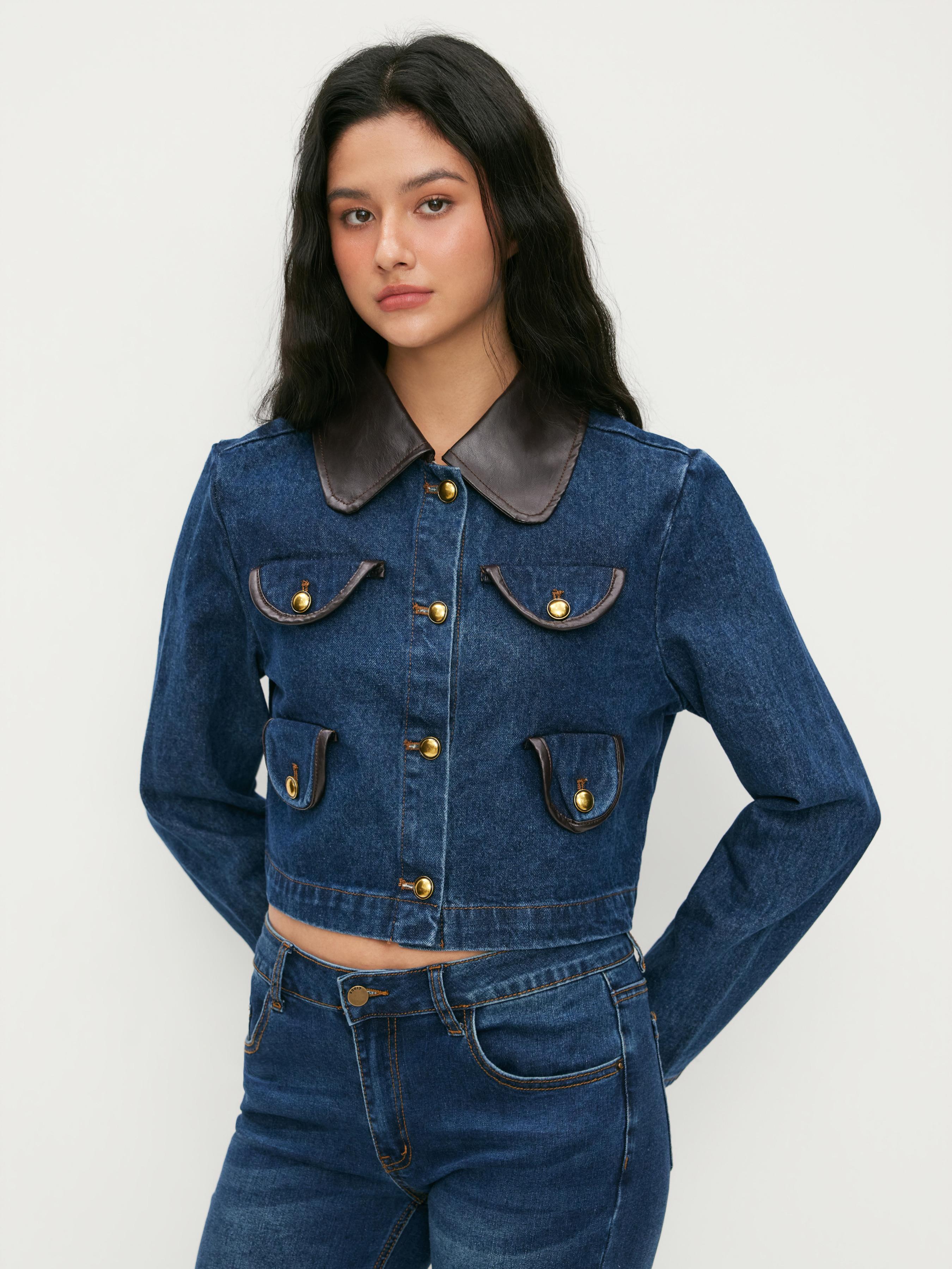 Washed Denim Faux Leather Collar Jacket by CIDER