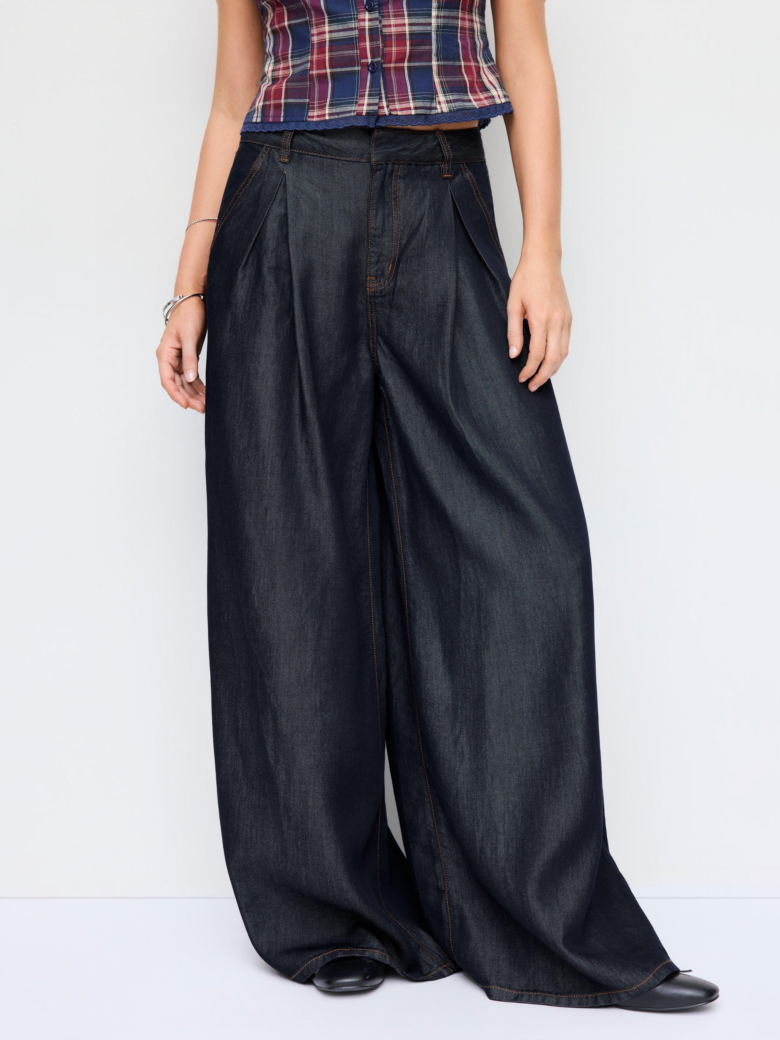 Washed Denim High Rise Draped Wide Leg Jeans by CIDER