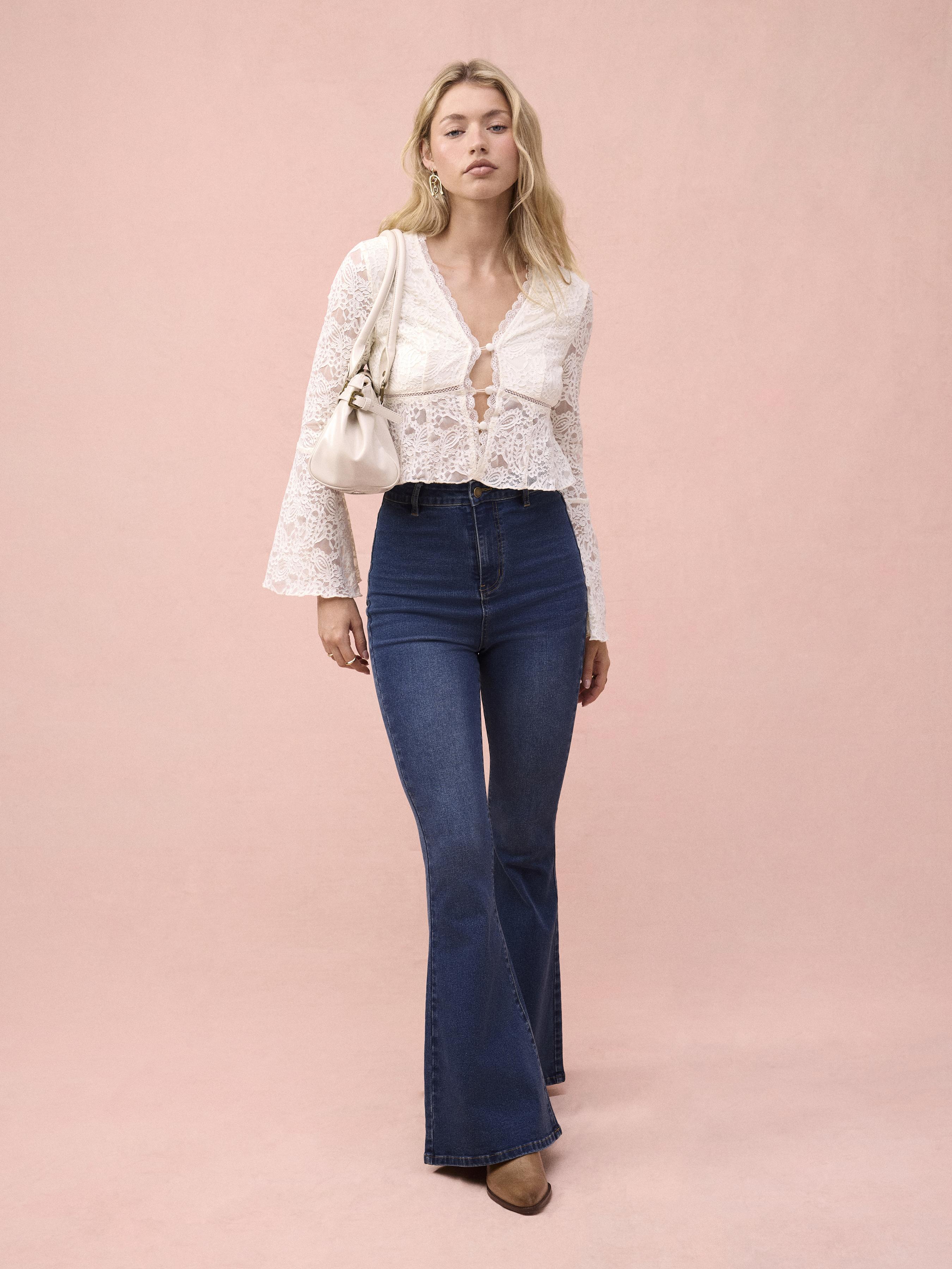 Washed Denim High Rise Flared Jeans by CIDER