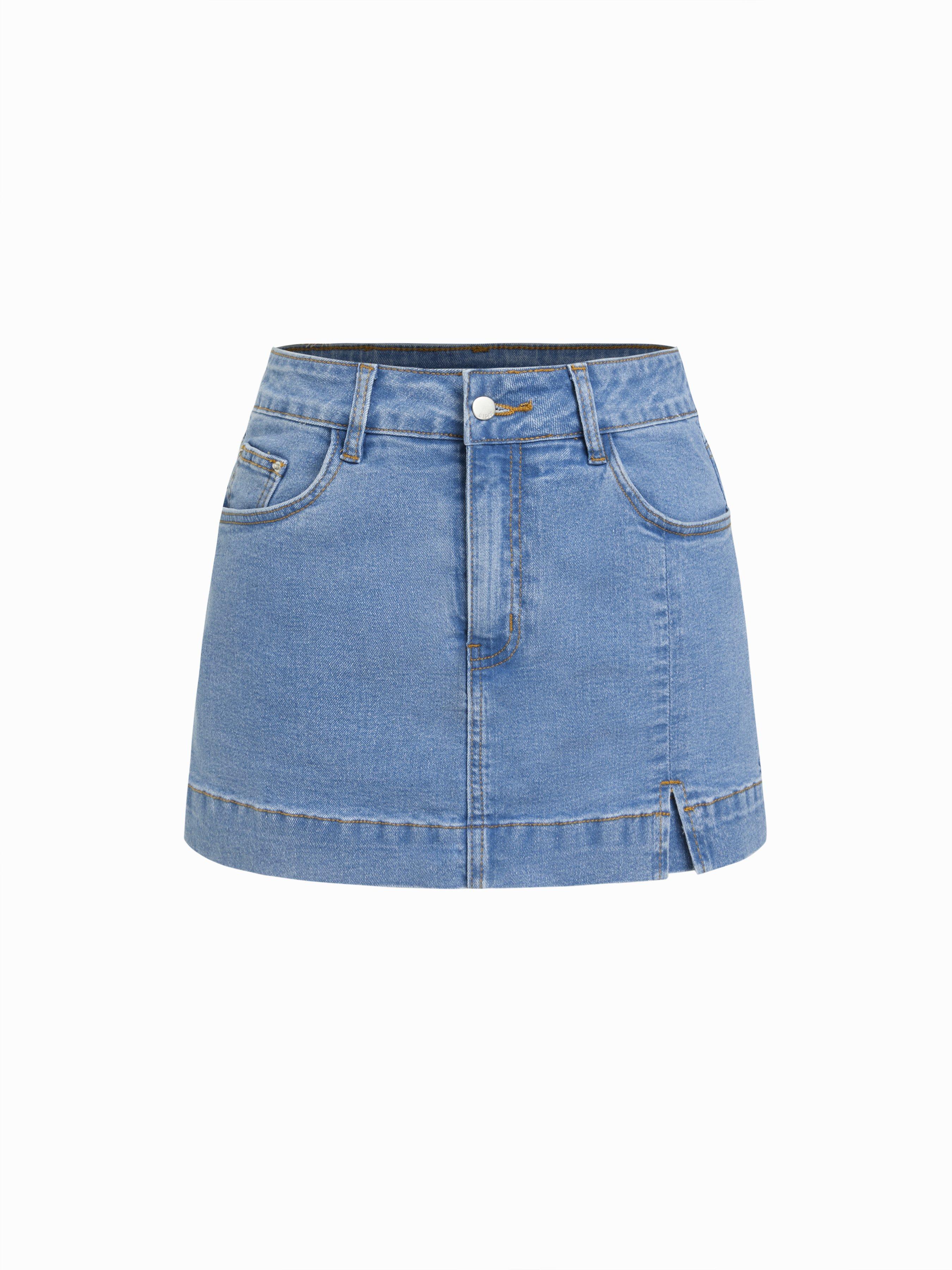 Washed Denim High Rise Slim Leggings Micro Shorts with Metal Detail by CIDER