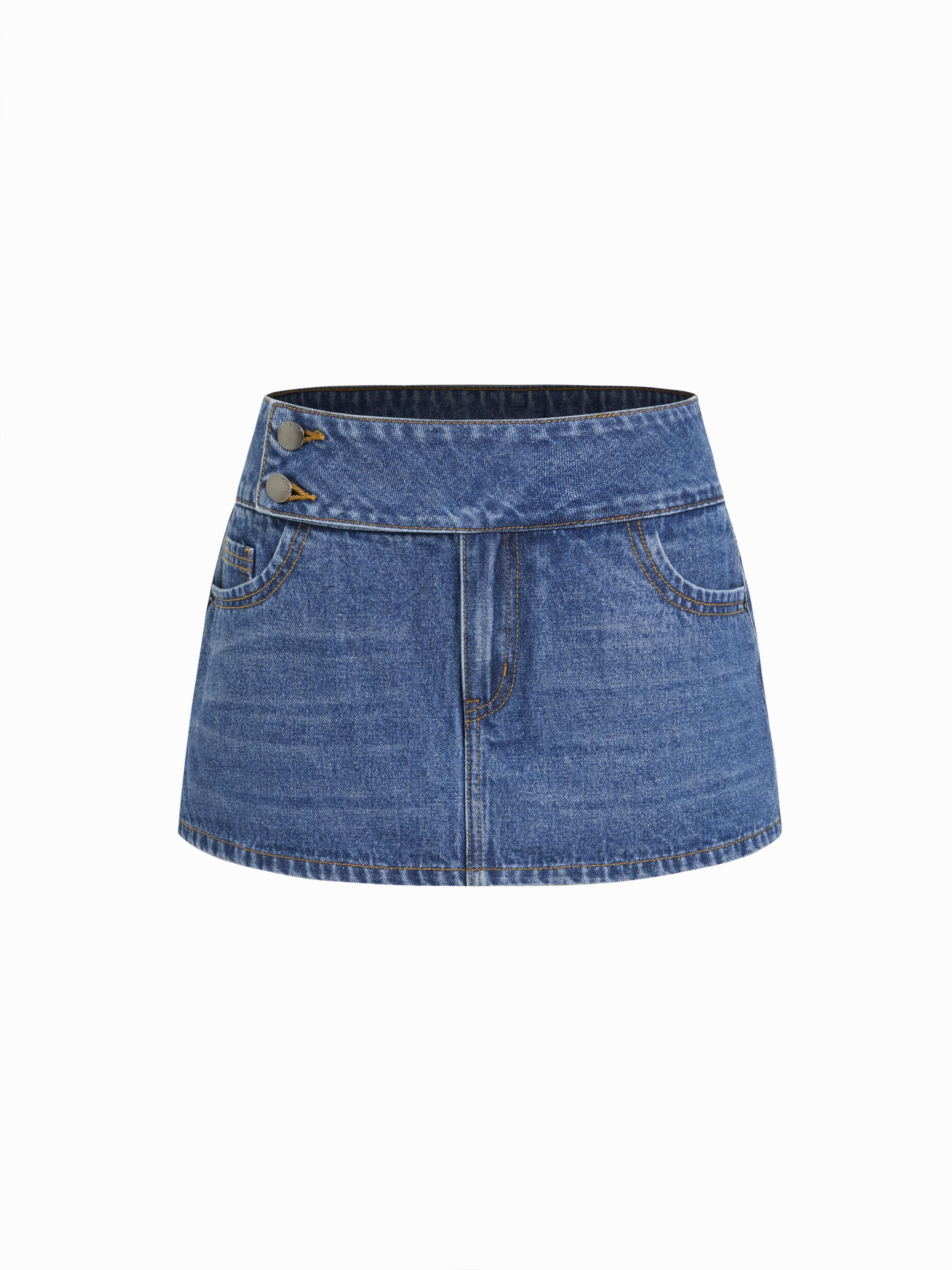 Washed Denim Low Rise A-Line Mini Skort by CIDER