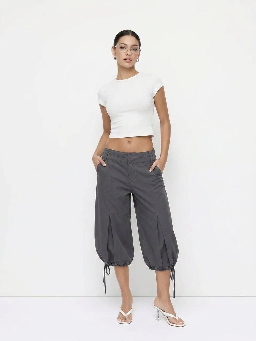 Washed Denim Low Rise Drawstring Hem Pleated Oversized Jogger Bermuda Jorts by CIDER
