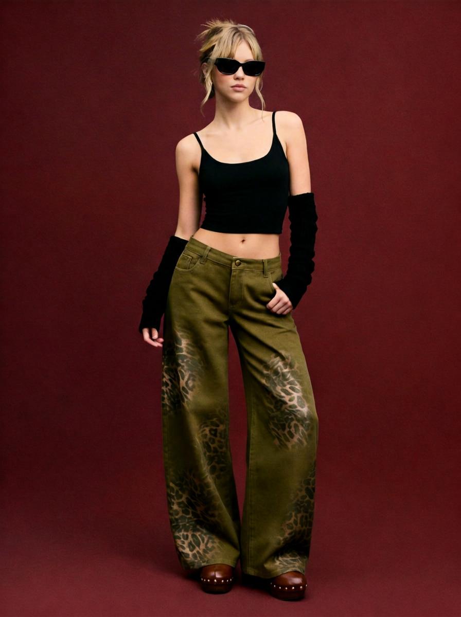 Washed Denim Low Rise Leopard Barrel-leg Jeans by CIDER