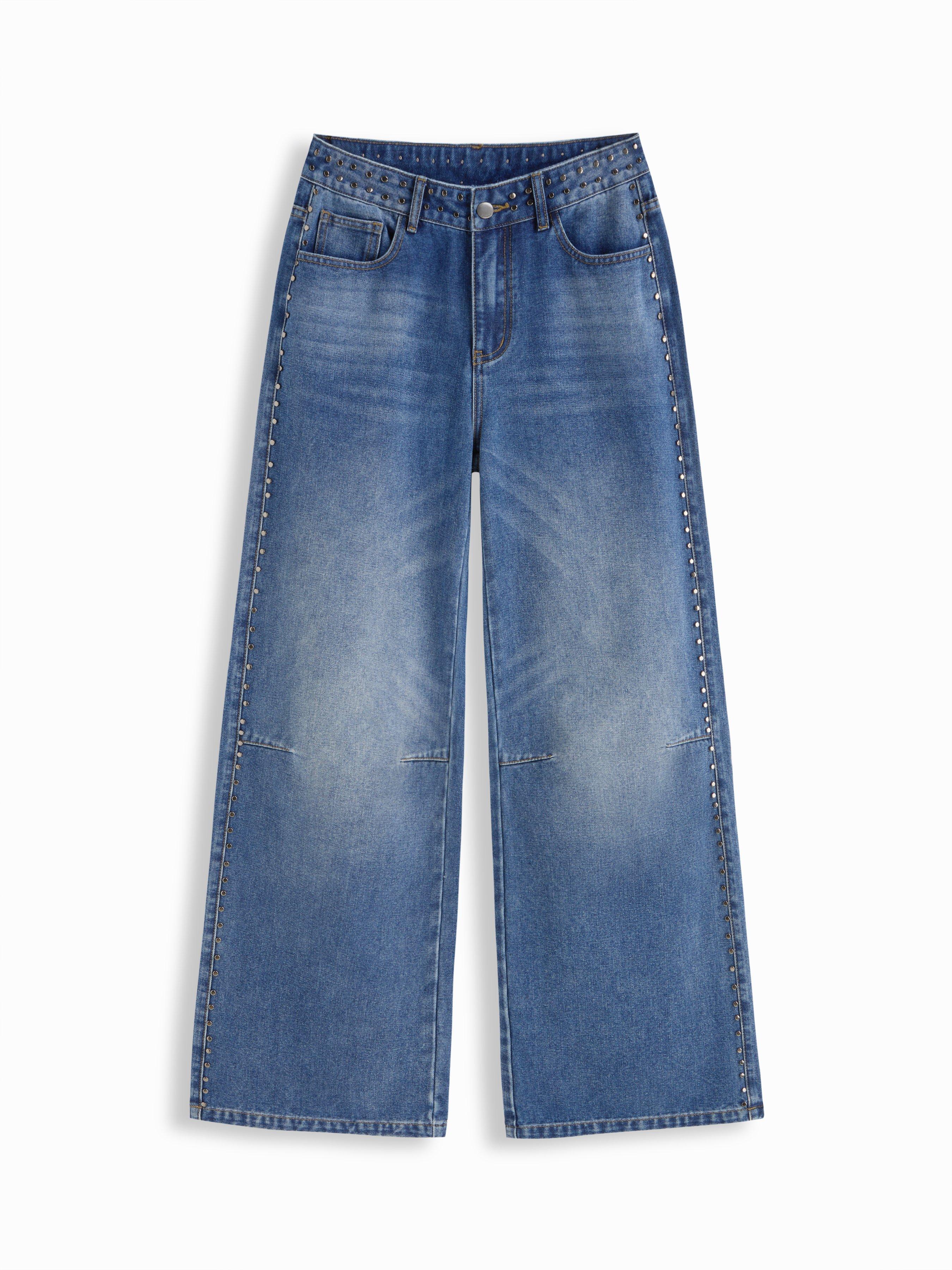 Washed Denim Low Rise Studded Straight Leg Jeans by CIDER