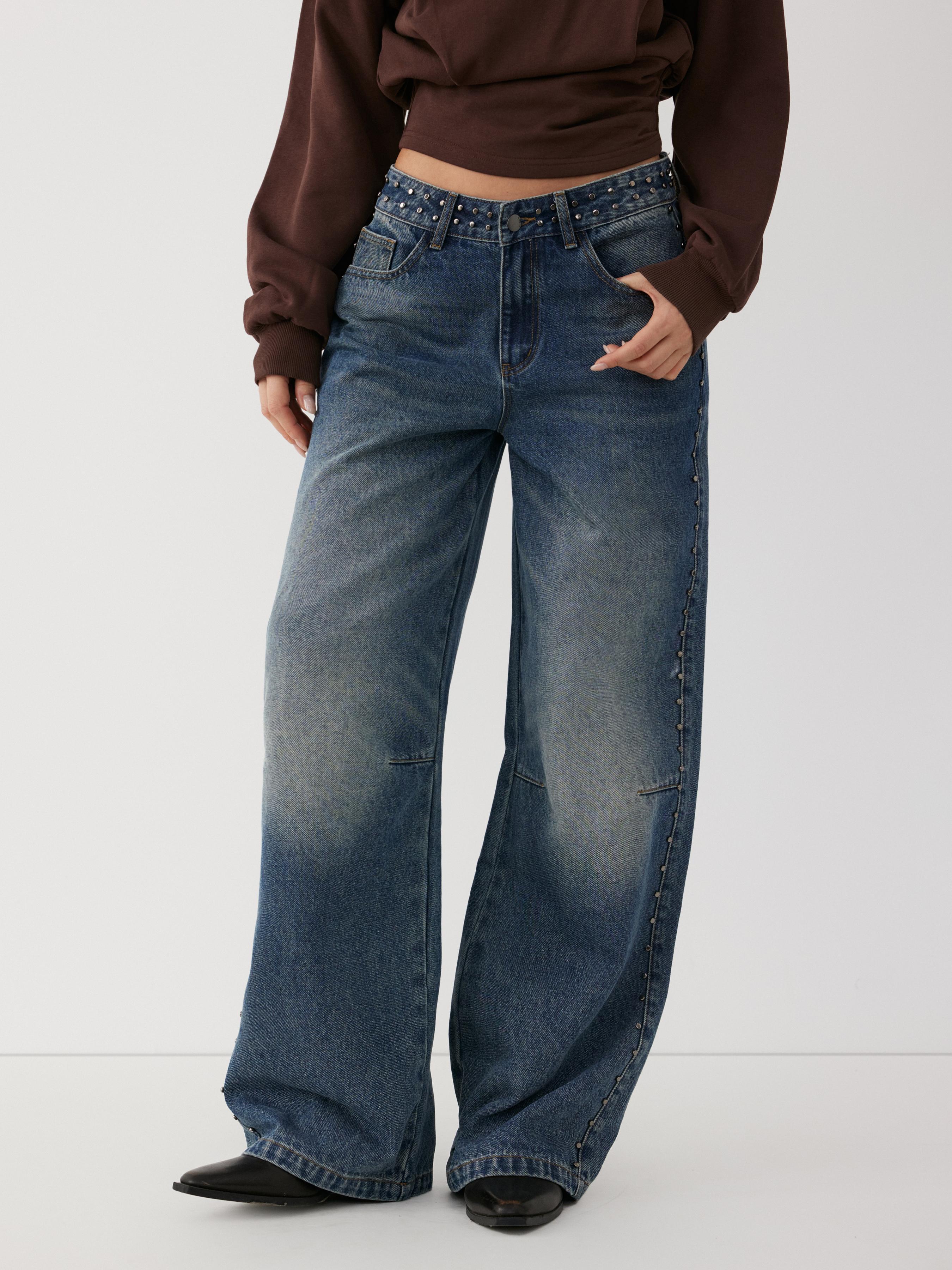 Washed Denim Low Rise Studded Straight Leg Jeans by CIDER