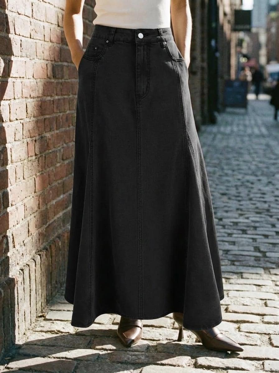 Washed Denim Metal Detail High Rise A-line Maxi Skirt by CIDER