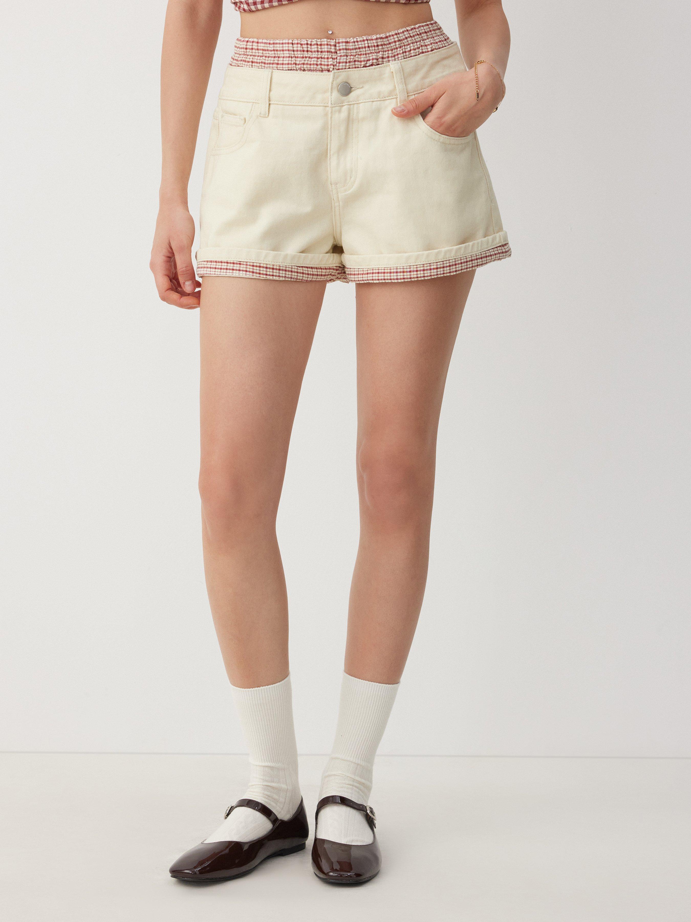 Washed Denim Mid Rise Gingham Contrast Binding Shorts by CIDER