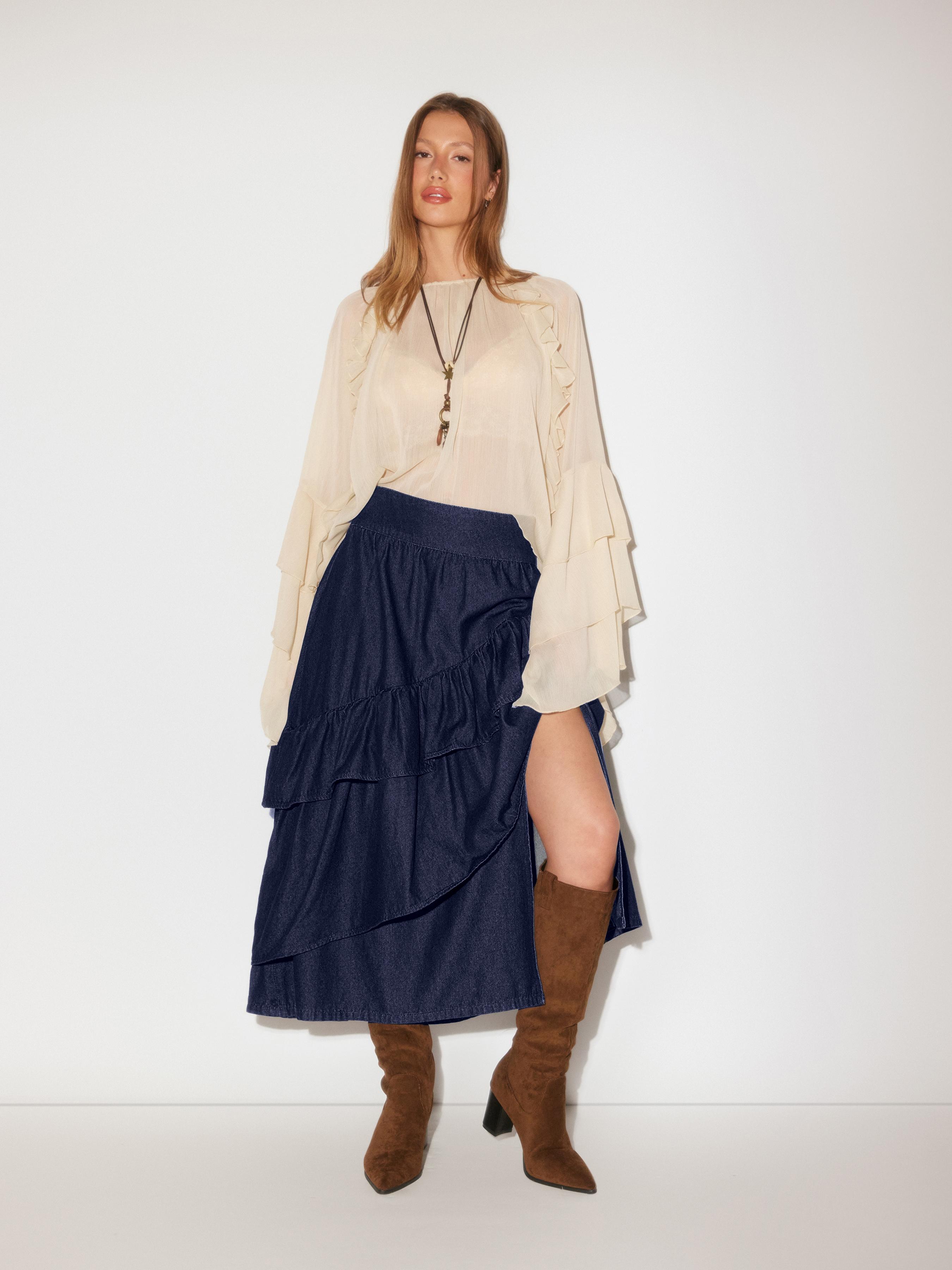 Washed Denim Mid Rise Ruffled Layered Split Maxi Flared Skirt by CIDER