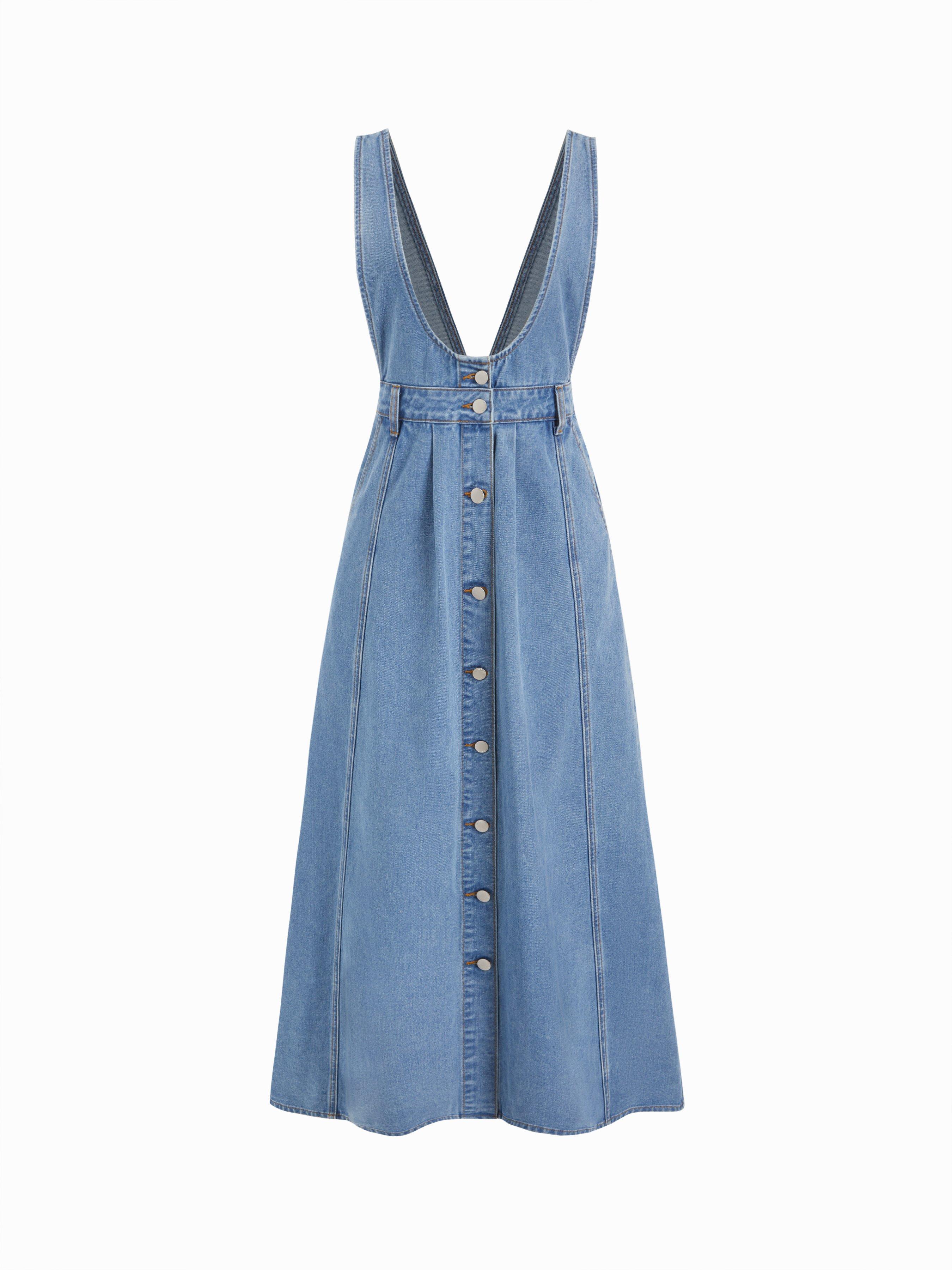Washed Denim Pinafore Maxi Dress With Metal Detail by CIDER