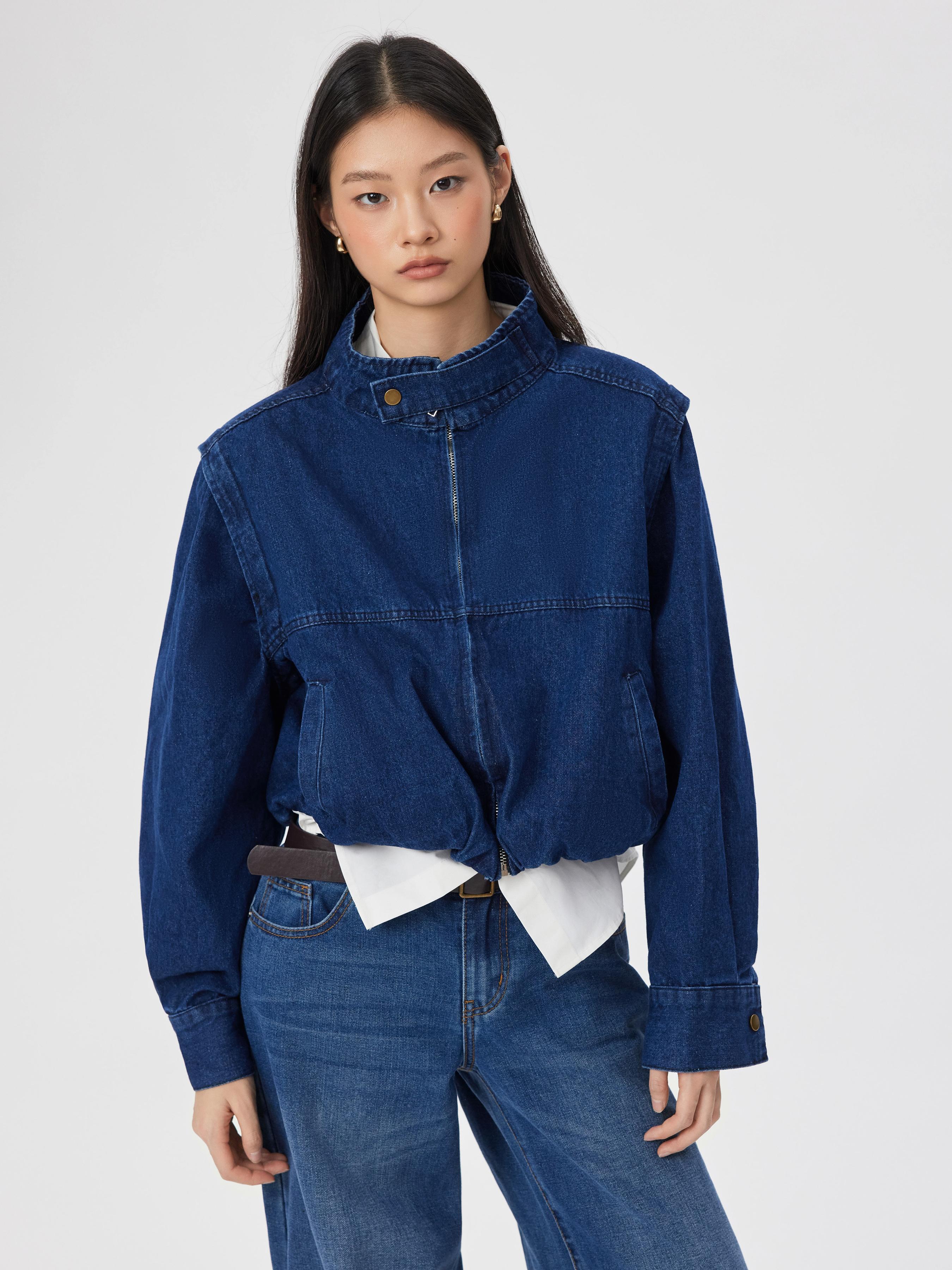 Washed Denim Stand Collar Oversized Crop Jacket by CIDER