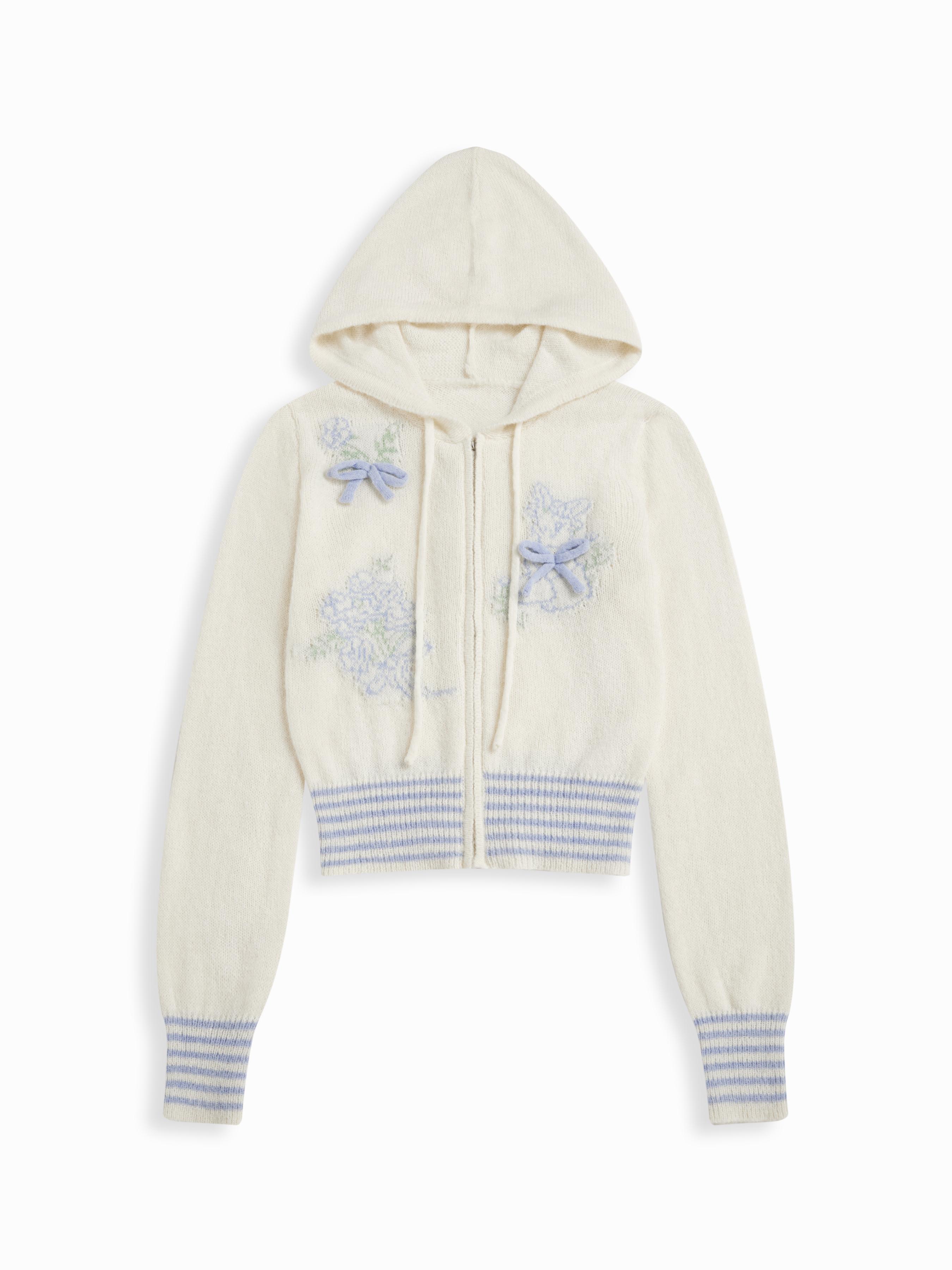 Wollmischung Blumenmotiv Kapuzenpullover mit Schleife und Reißverschluss Cardigan by CIDER Wollmischung Blumenmotiv Kapuzenpullover mit Schleife und Reißverschluss Cardigan by CIDER