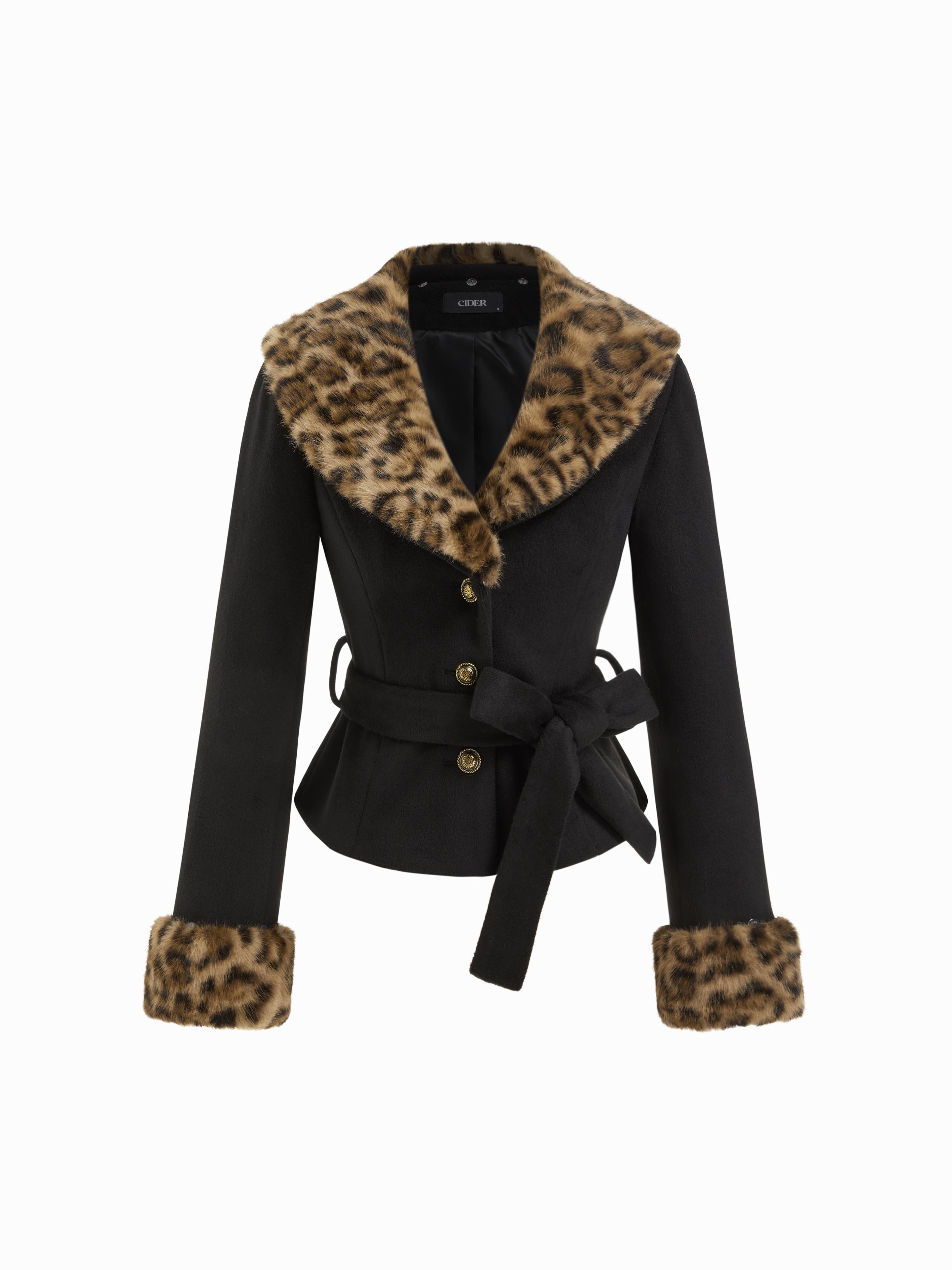 Wool-Look Faux Leopard Fur Trim Collar Cinched Waist Jacket With Belt by CIDER