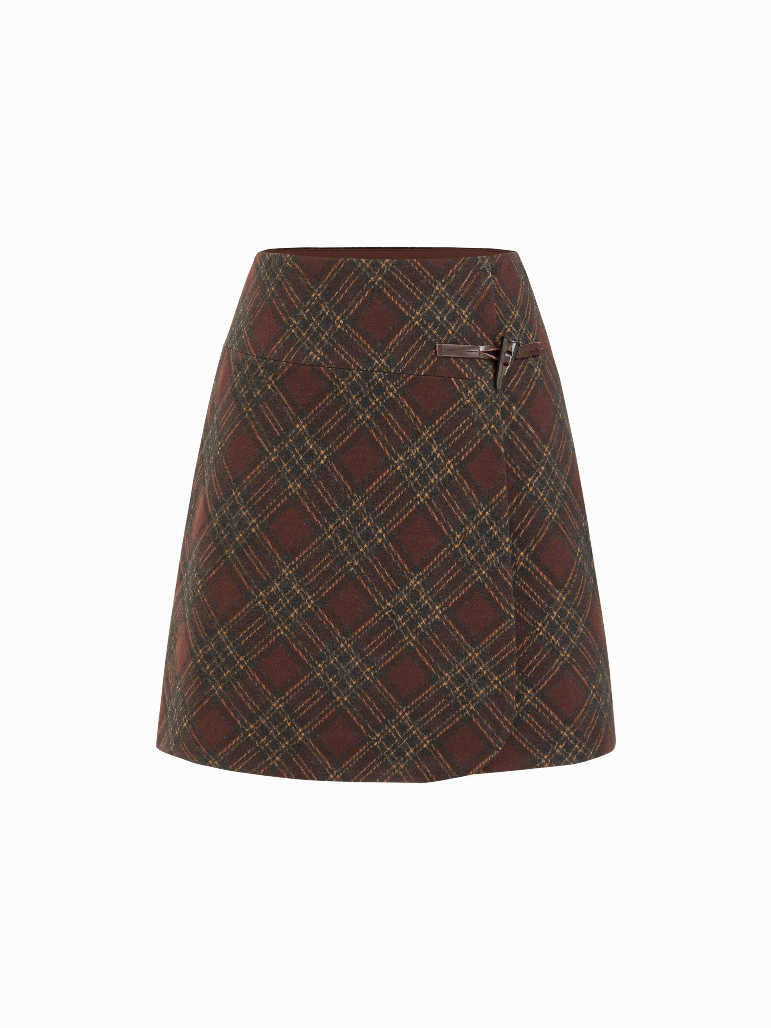 Wool-Look Low Rise Plaid Toggle Button Midi Skirt by CIDER