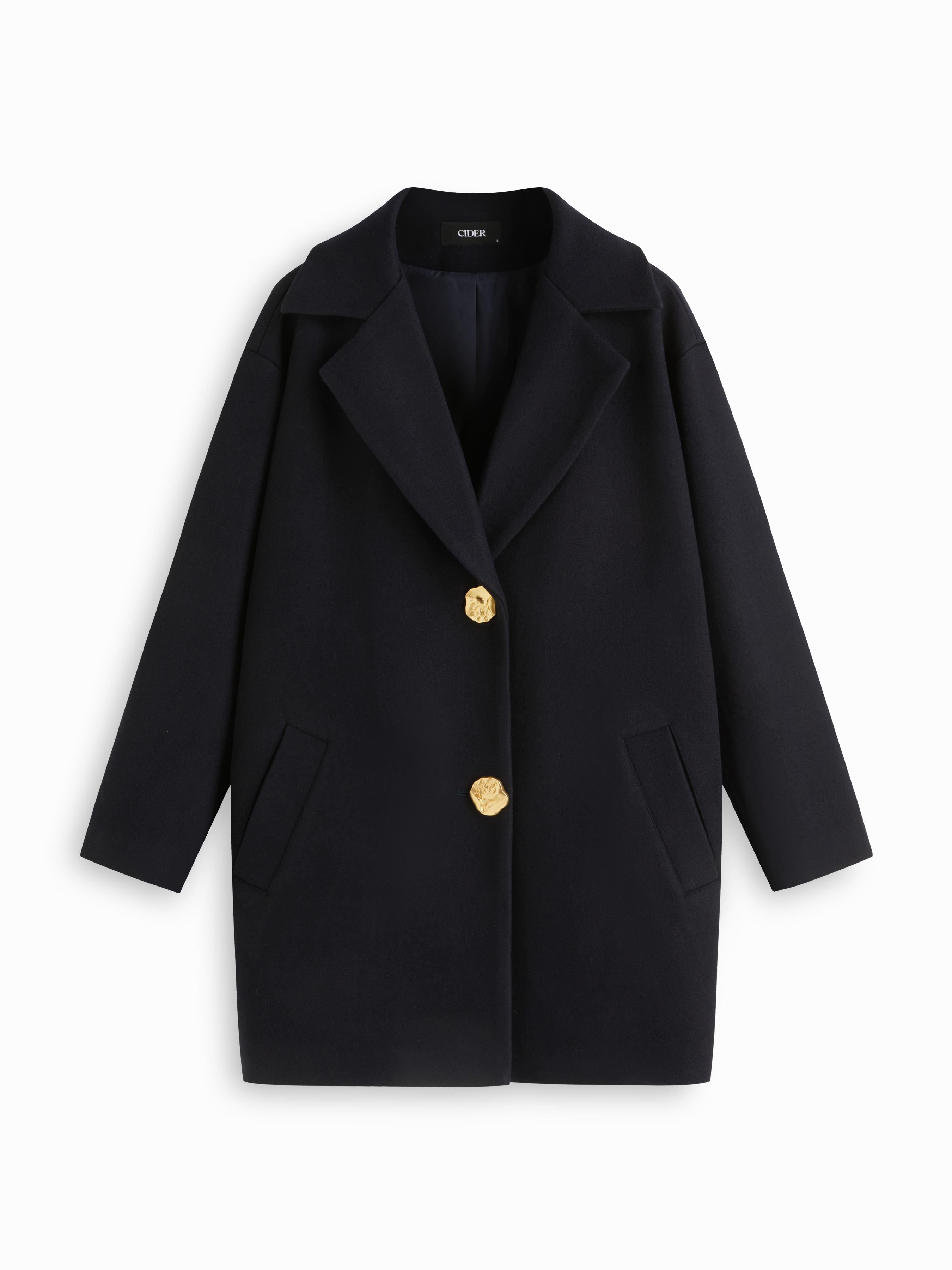 Wool-Look Notched Collar Metal Button Oversized Coat by CIDER