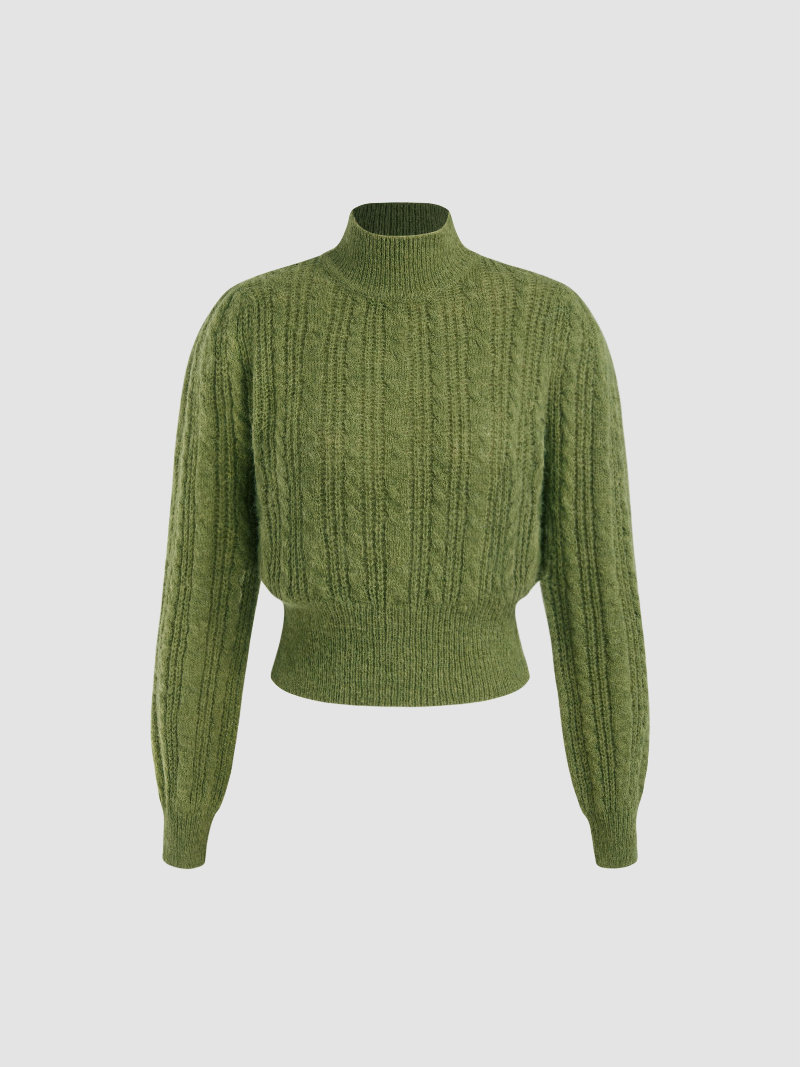 Wool-blend Cable Knit High Neck Solid Long Sleeve Top by CIDER