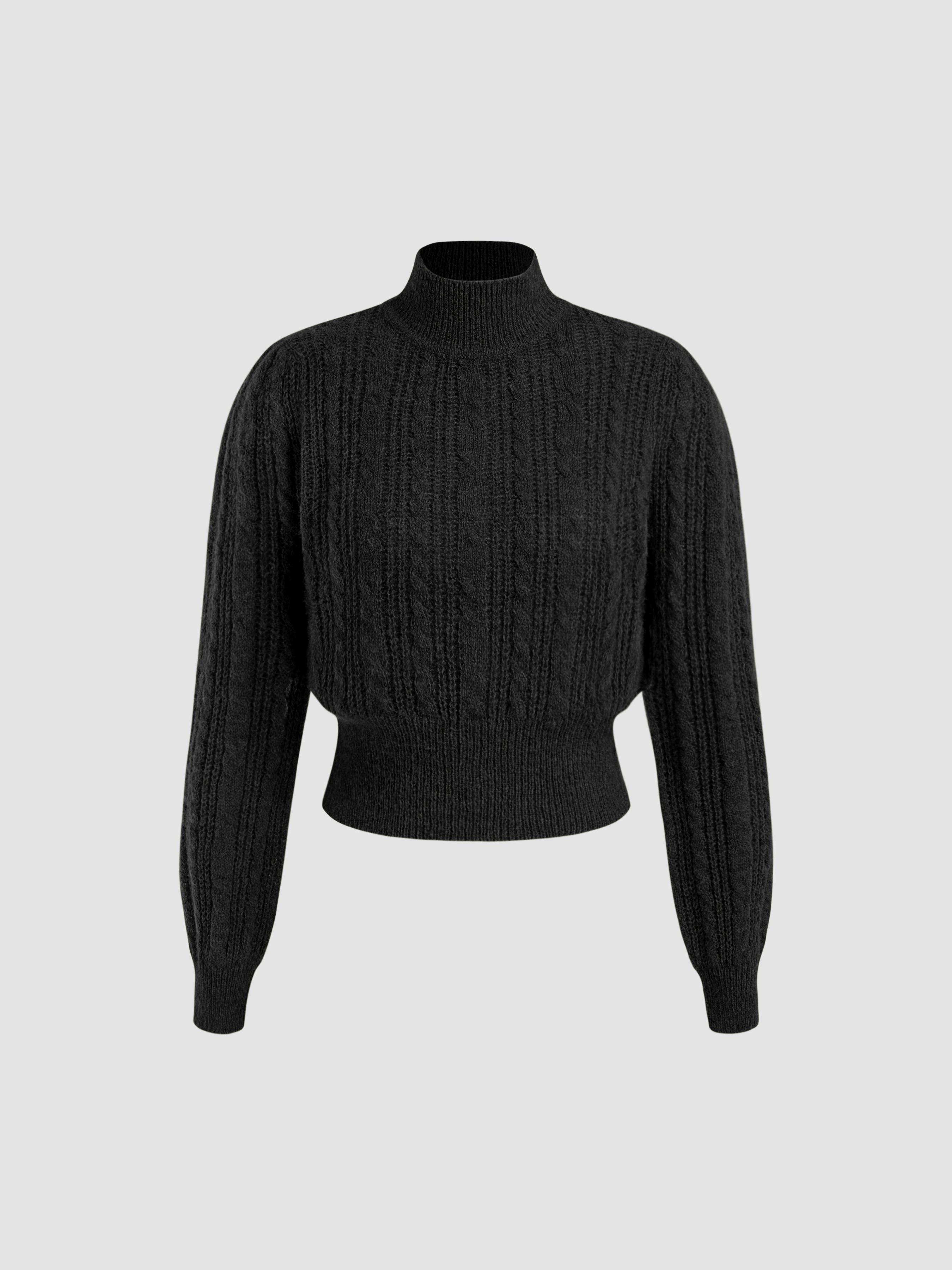 Wool-blend Cable Knit High Neck Solid Long Sleeve Top by CIDER