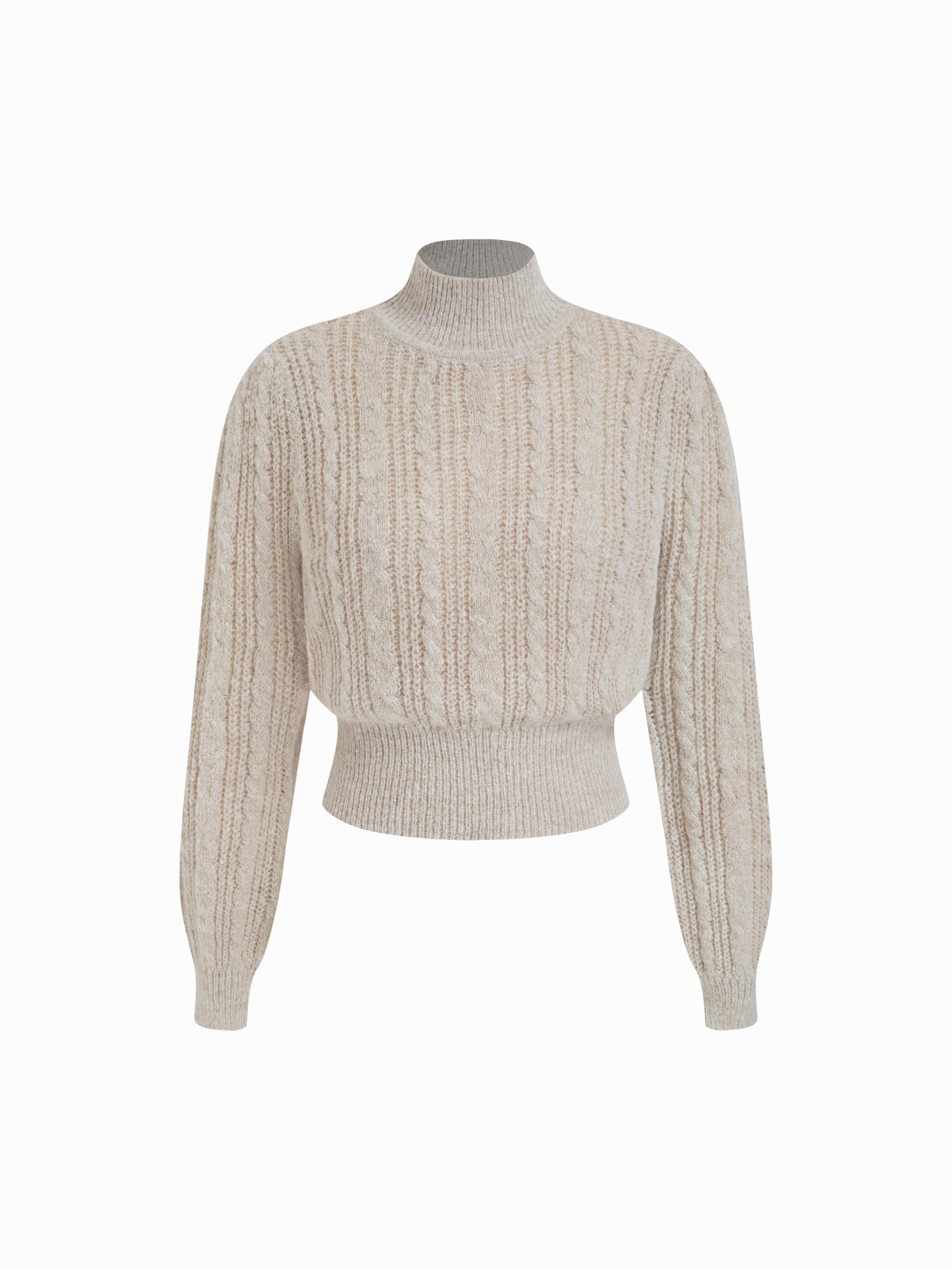 Wool-blend Cable Knit High Neck Solid Long Sleeve Top by CIDER