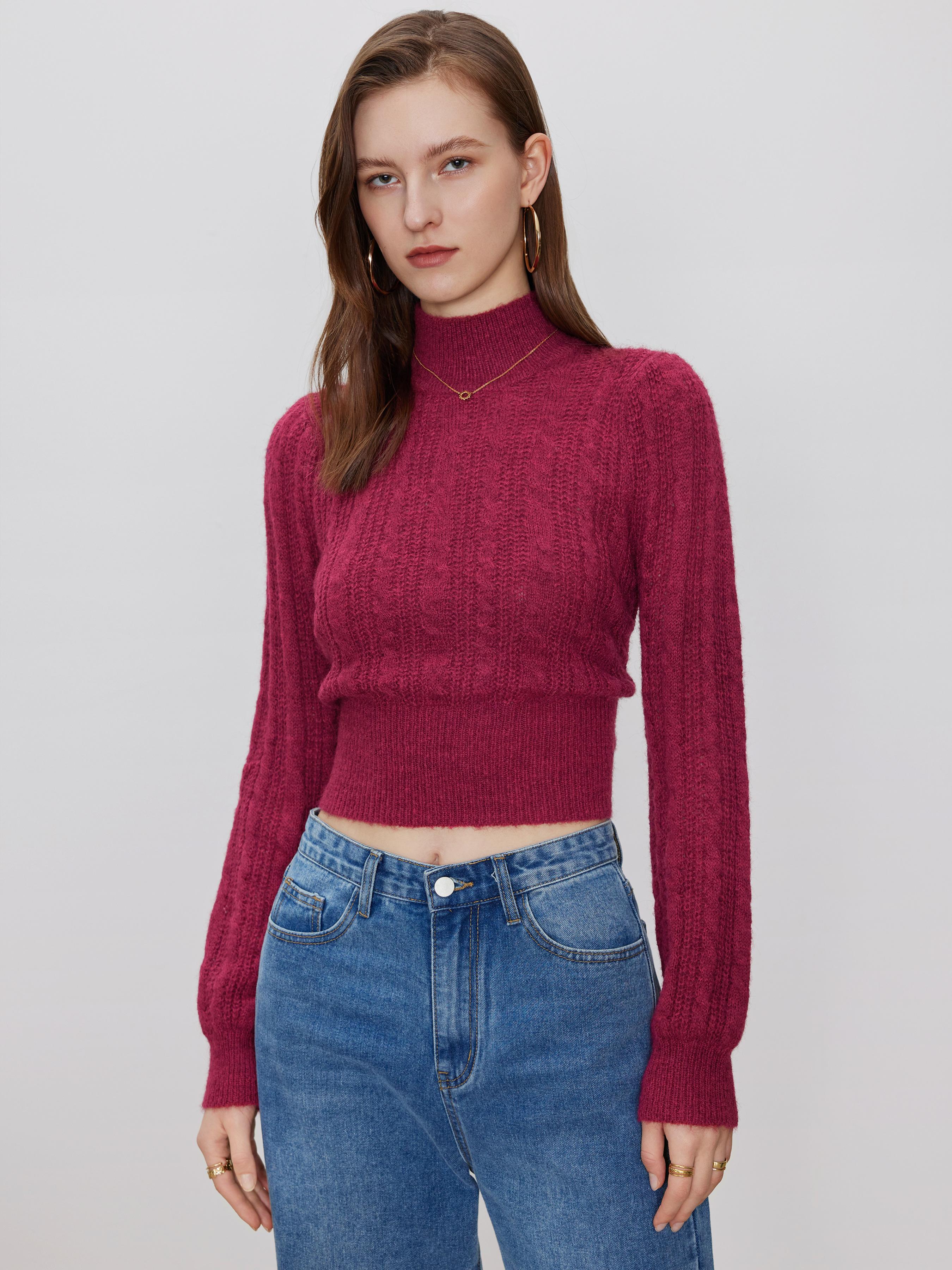 Wool-blend Cable Knit High Neck Solid Long Sleeve Top by CIDER