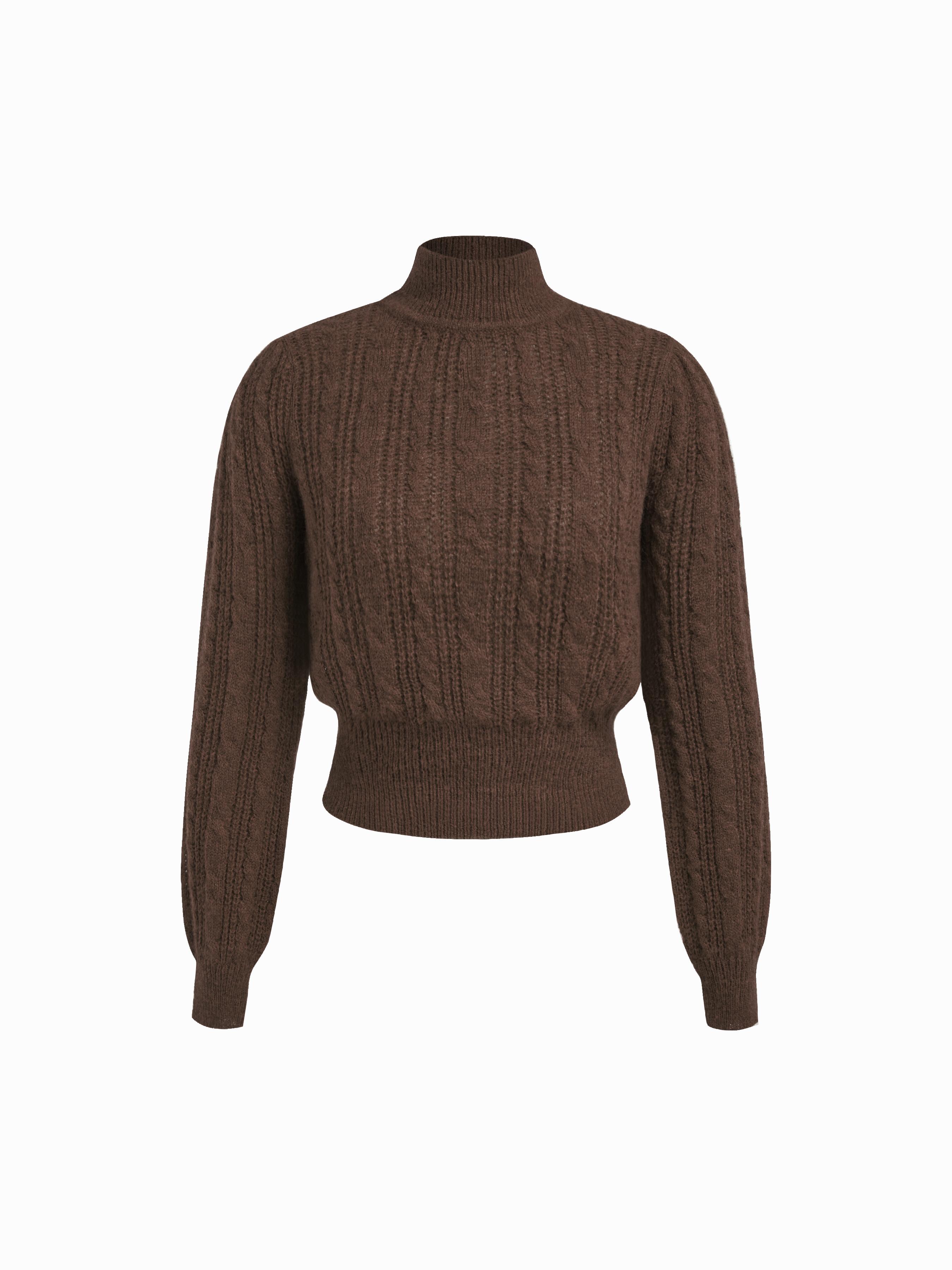 Wool-blend Cable Knit High Neck Solid Long Sleeve Top by CIDER