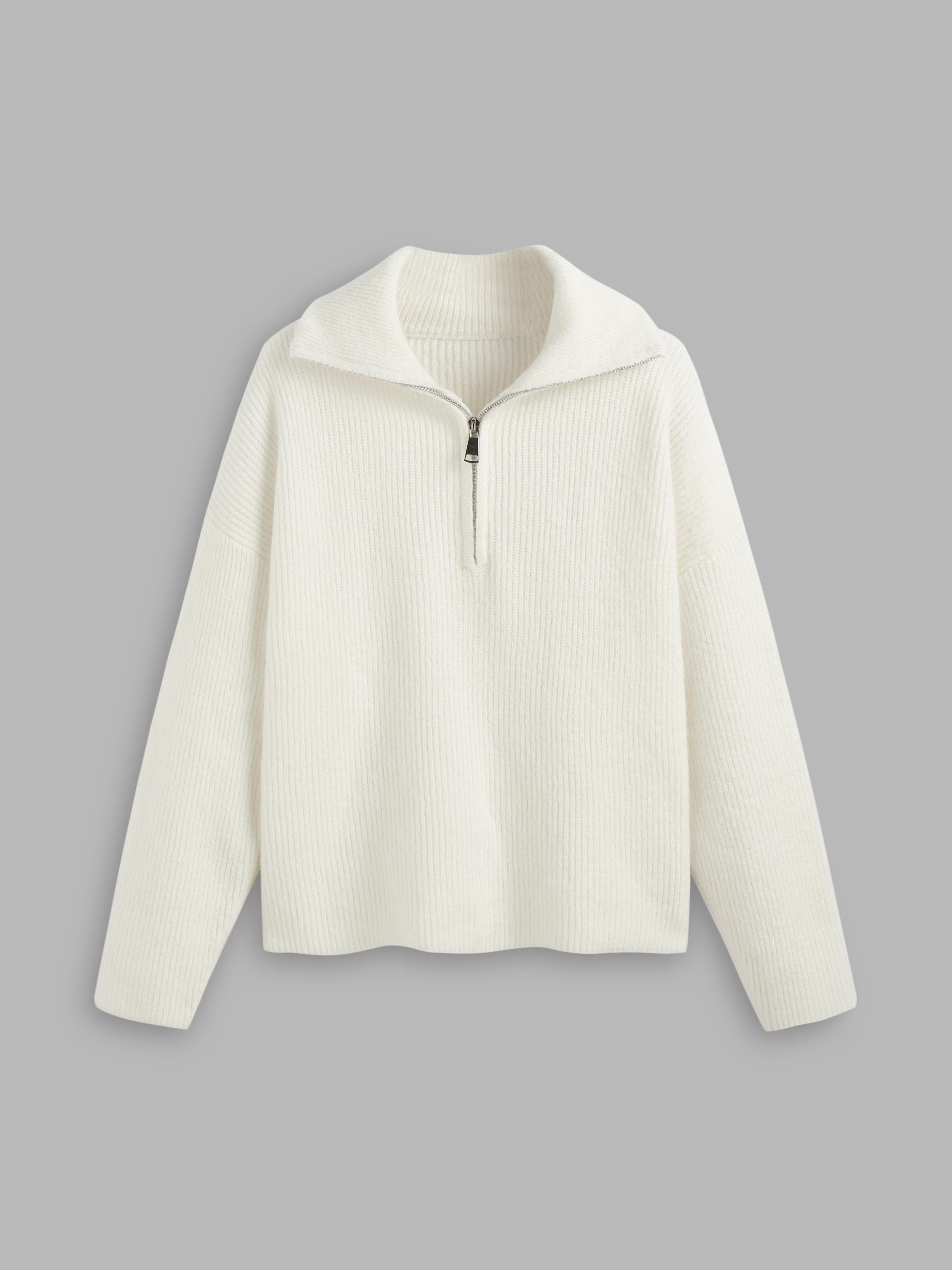 Wool-blend Collar Solid Zipper Knitted Sweater by CIDER