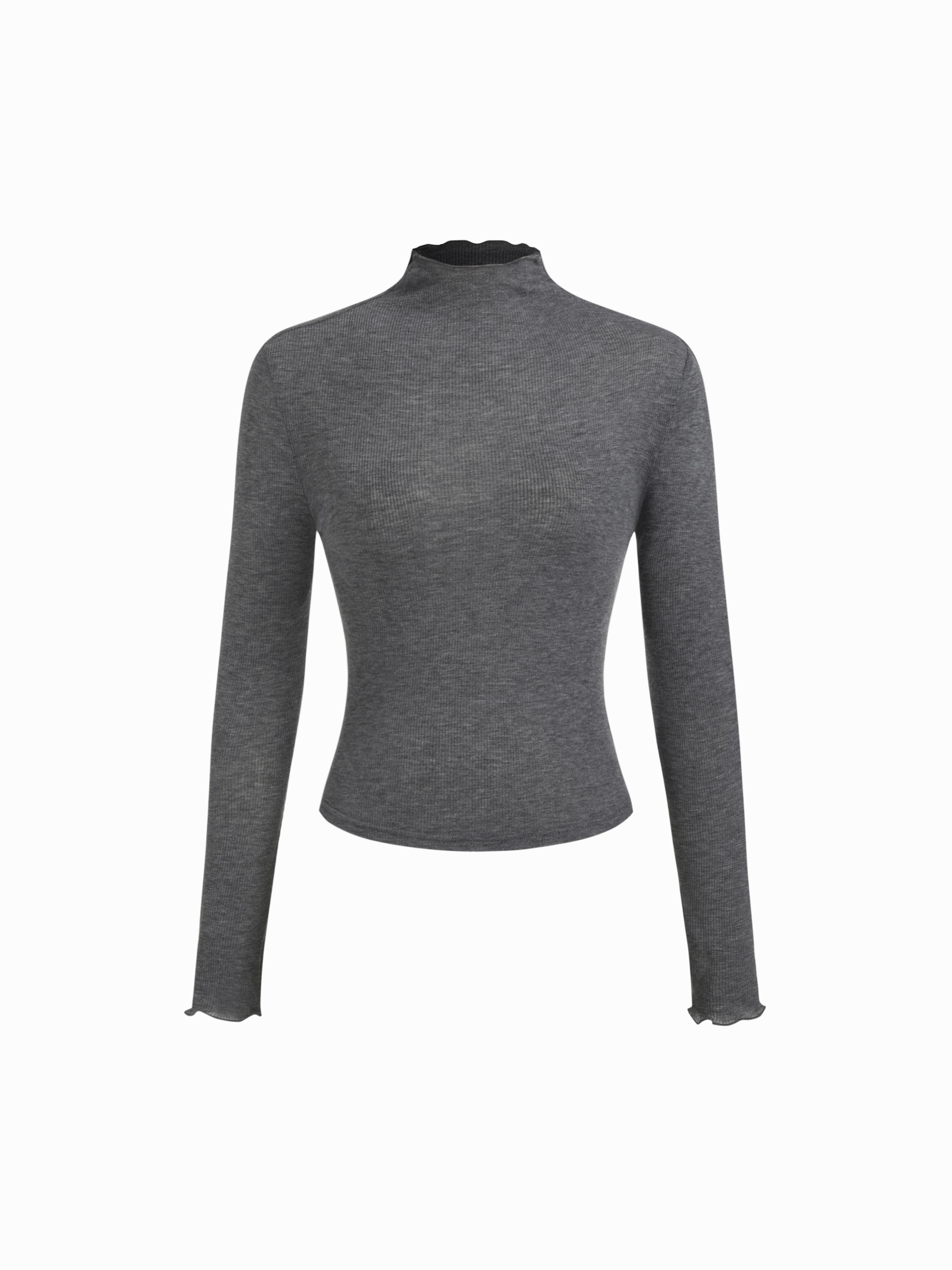 Wool-blend High Neck Long Sleeve Lettuce Trim Top by CIDER