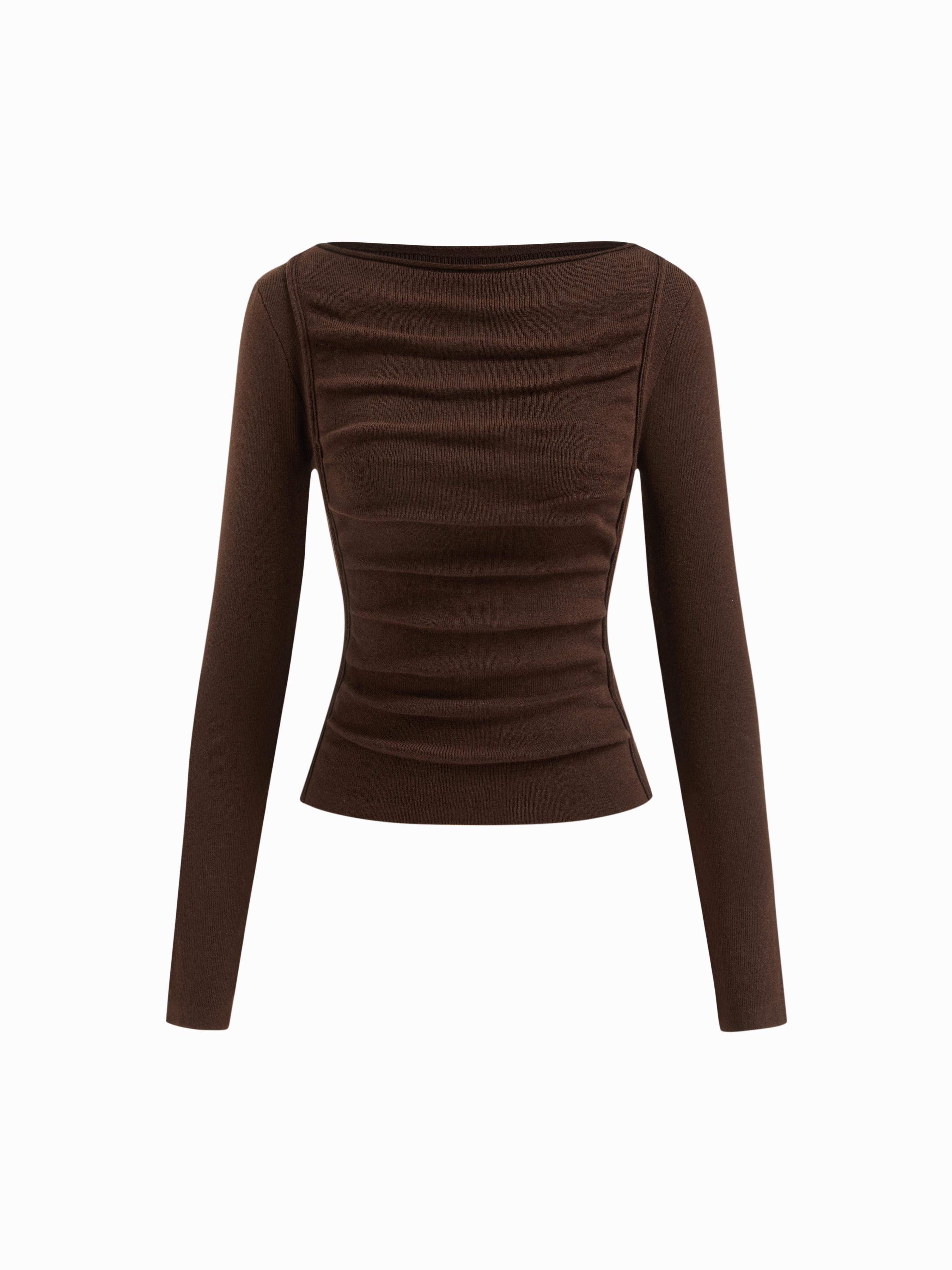 Wool-blend Knit Boat Neck Ruched Long Sleeve Top by CIDER