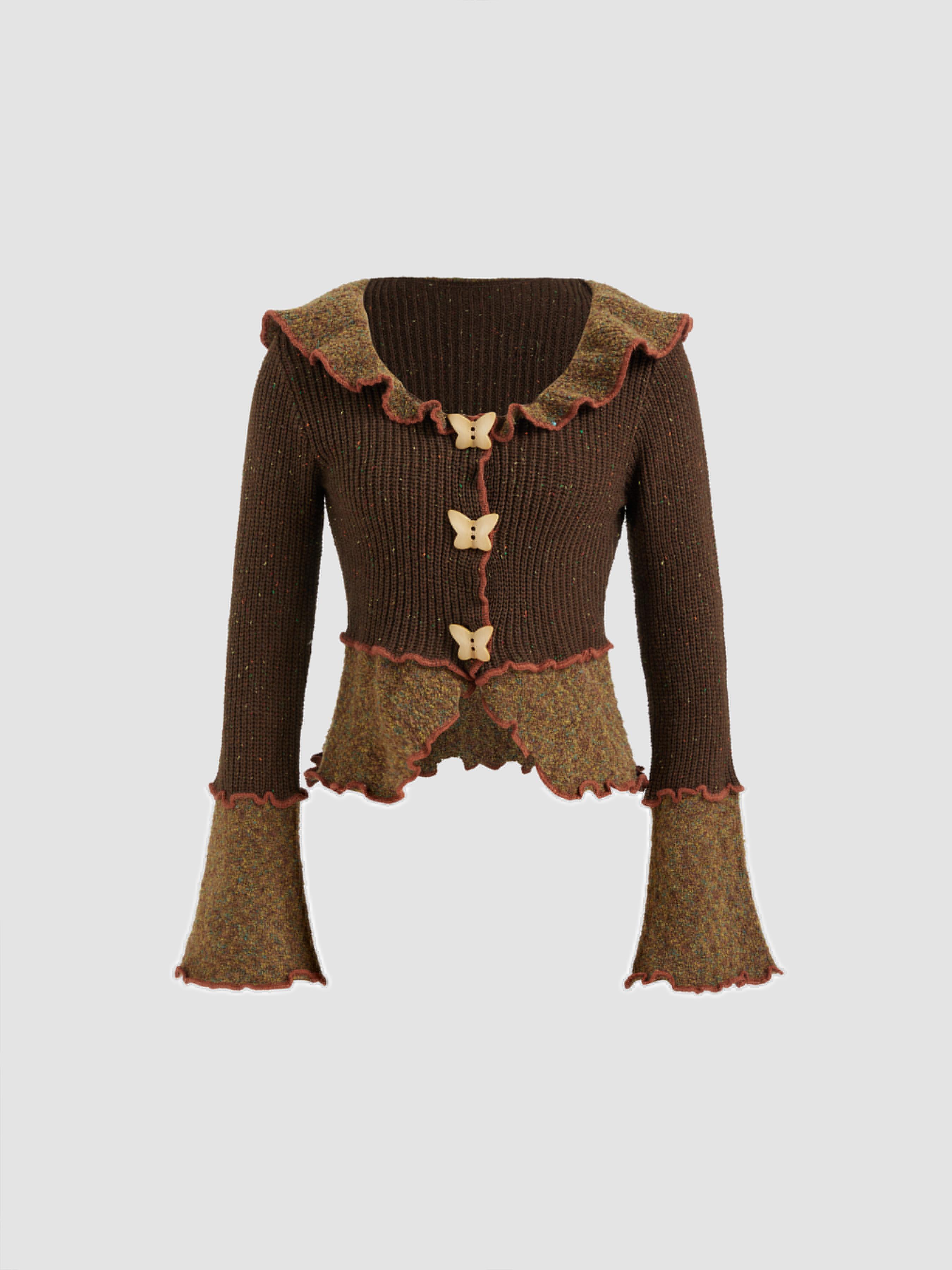Wool-blend Knit Collar Lettuce Trim Butterfly Button Long Sleeve Top by CIDER
