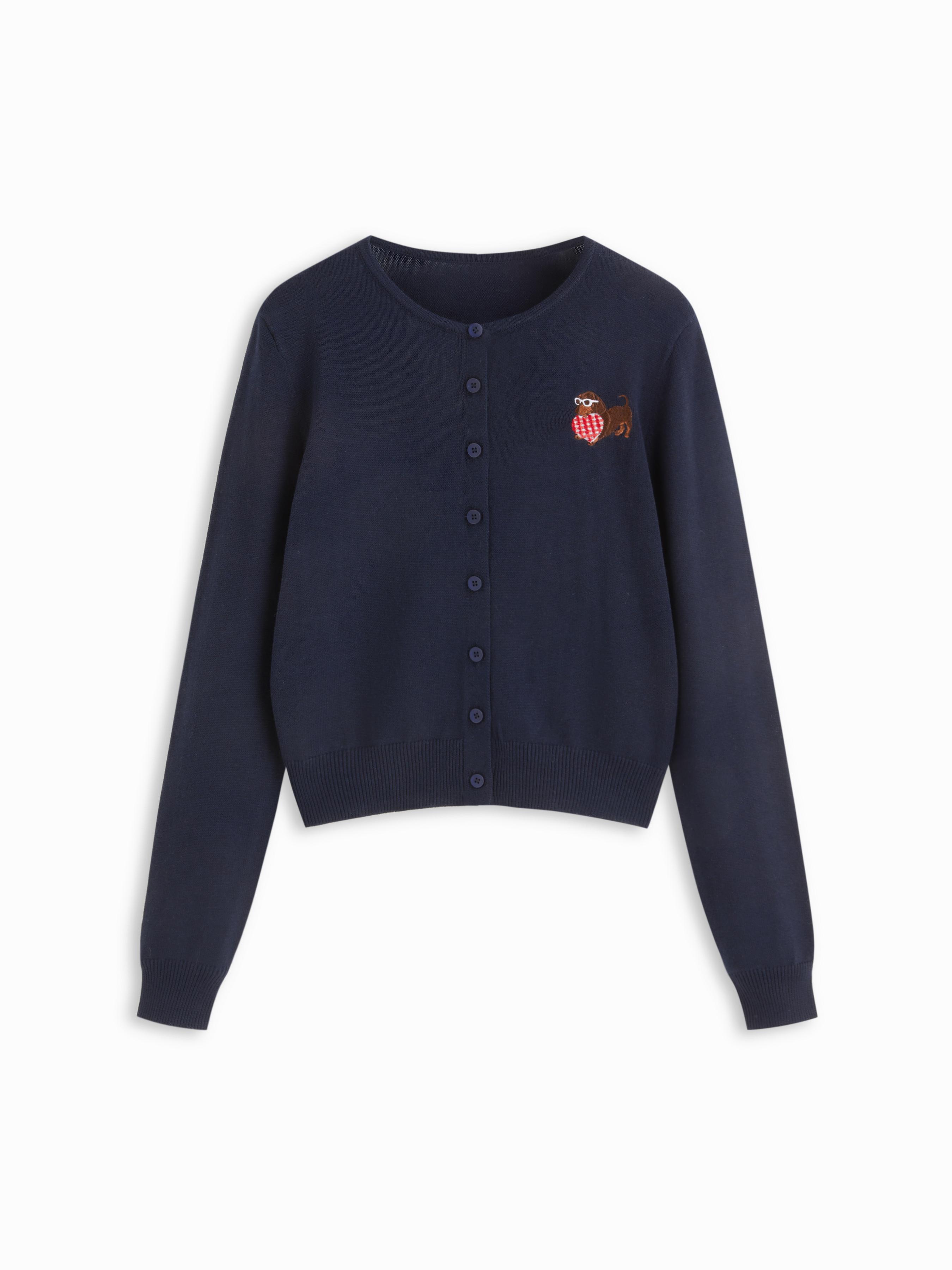 Wool-blend Knit Dachshund Embroidery Cardigan by CIDER