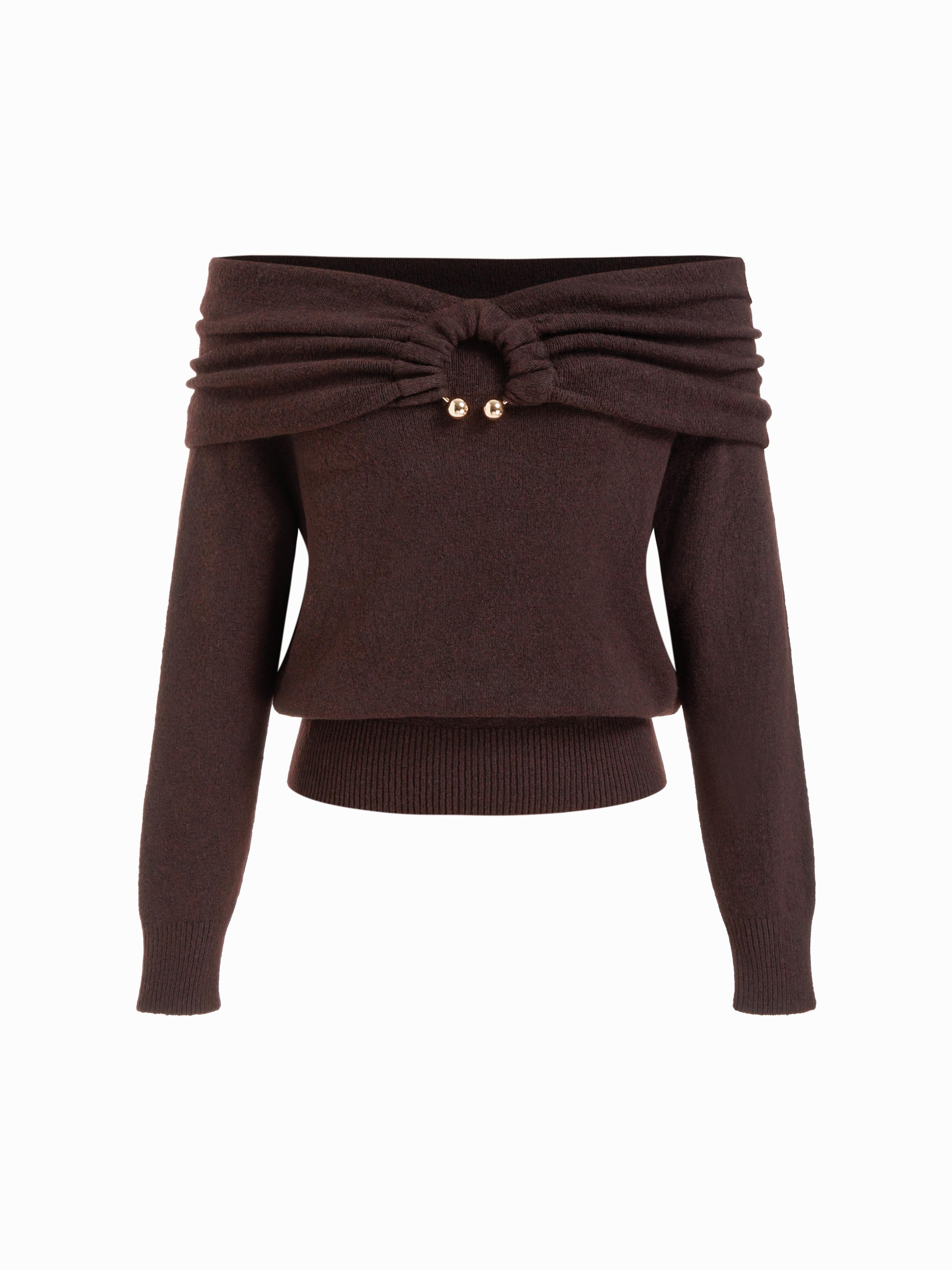 Wool-blend Knit Off-Shoulder Metal Detail Pierced Oversized Sweater by CIDER