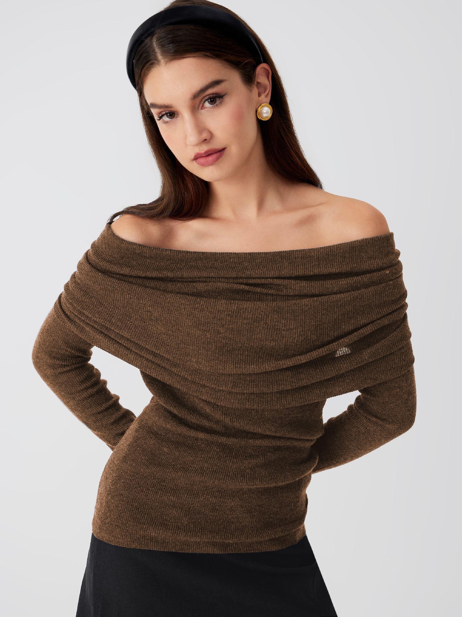 Wool-blend Off-shoulder Ruched Knit Long Sleeve Top by CIDER