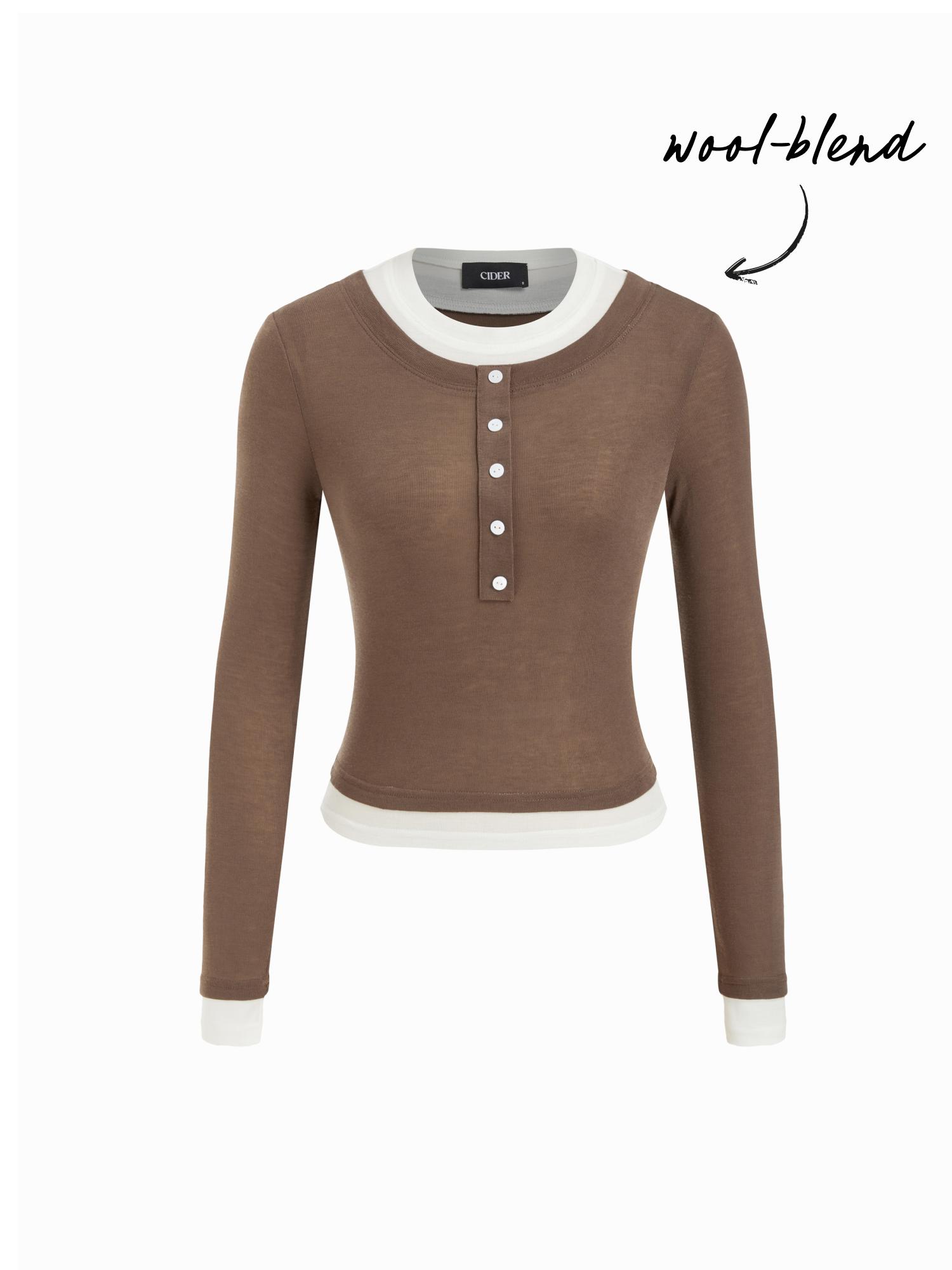 Wool-blend U-neckline Button Two Tone Long Sleeve Tee by CIDER