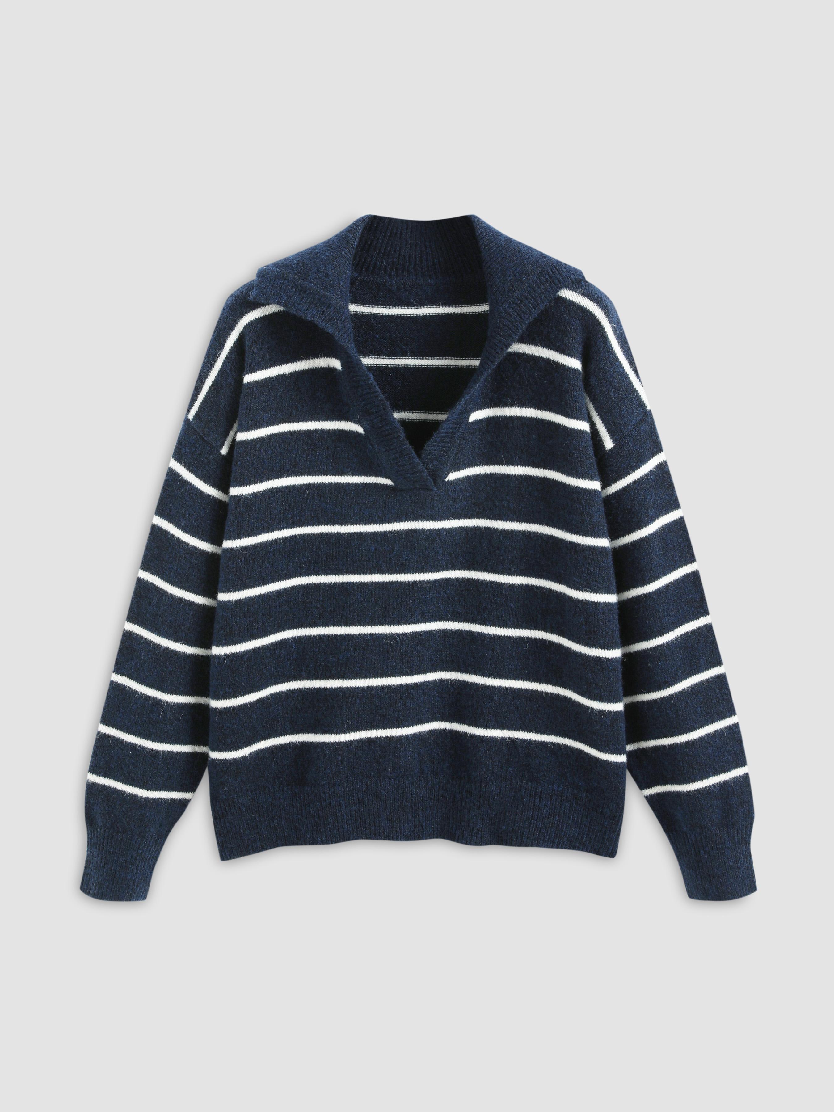 Wool-blend V-neck Striped Knitted Long Sleeve Top by CIDER